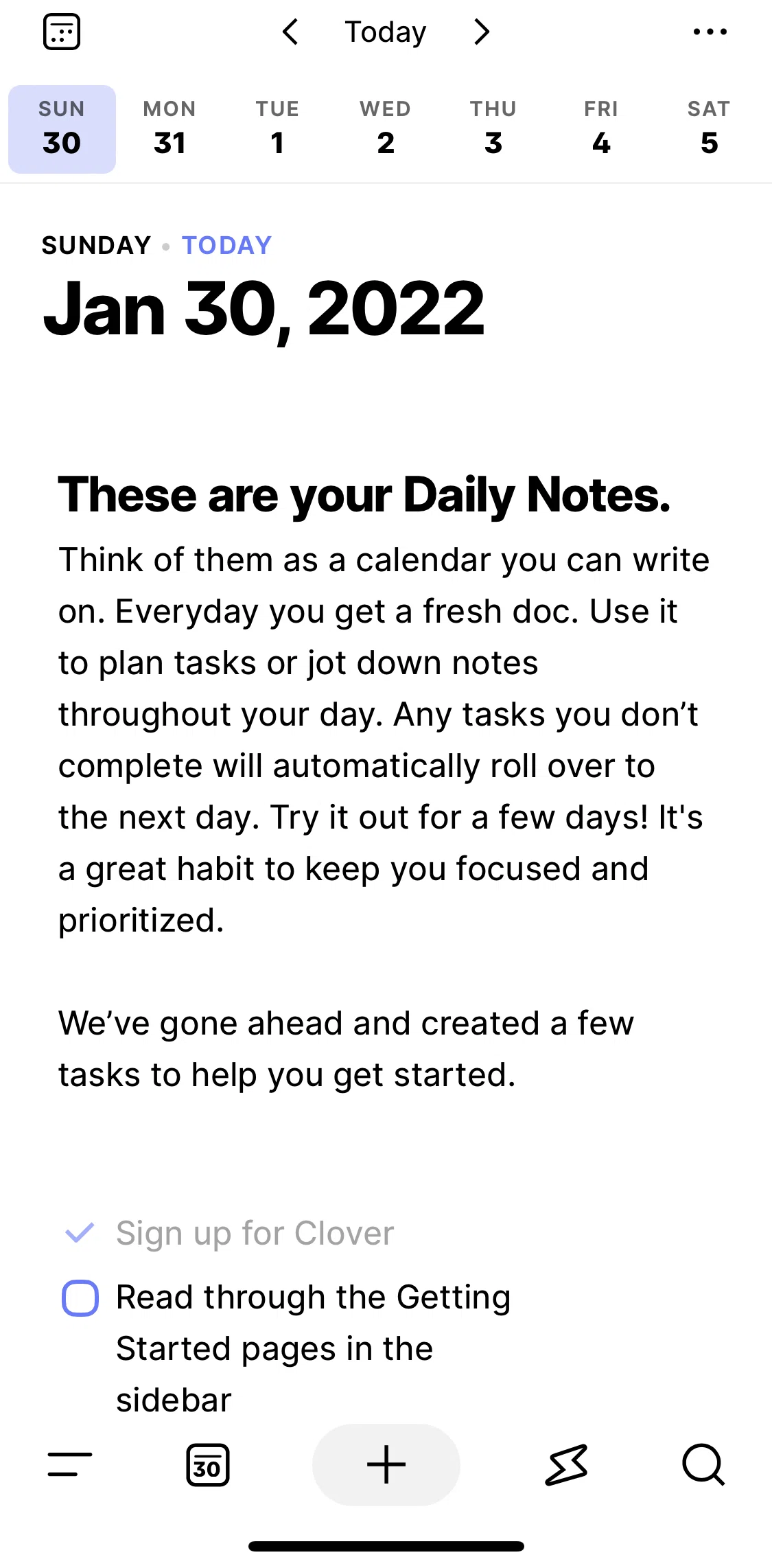 Clover Screen screen in the Creating daily notes flow