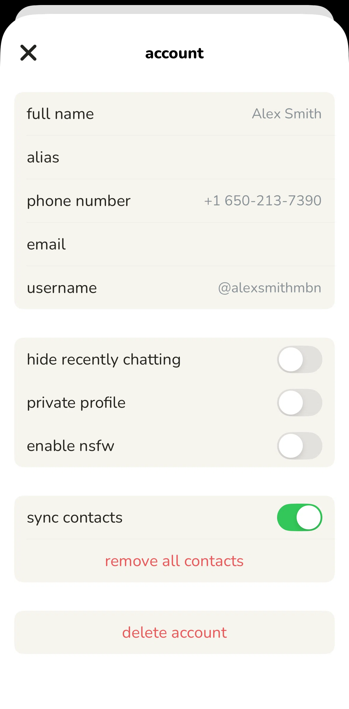 Clubhouse Screen screen in the Adding an alias flow