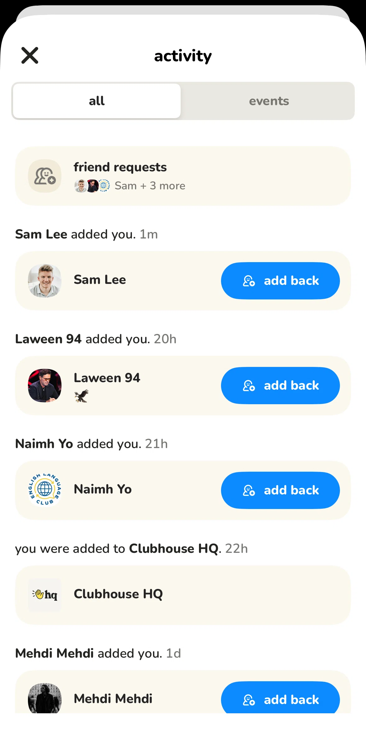 Clubhouse Screen screen in the Friend requests flow
