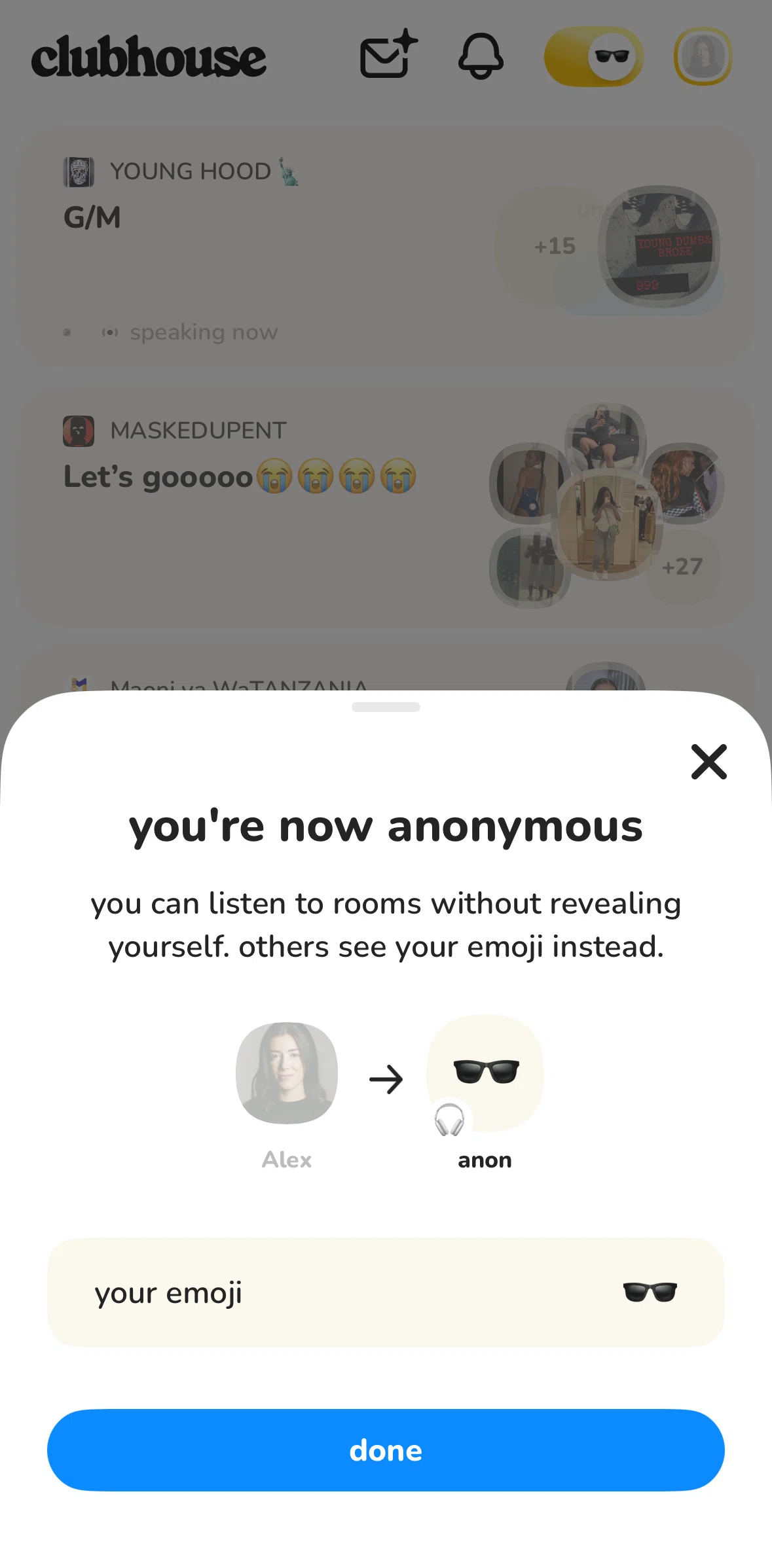 Clubhouse Screen screen in the Updating a custom emoji flow