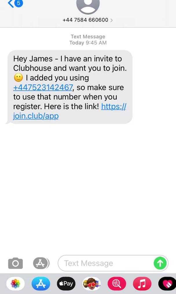Clubhouses Invite message screen in the Accepting An Invite flow