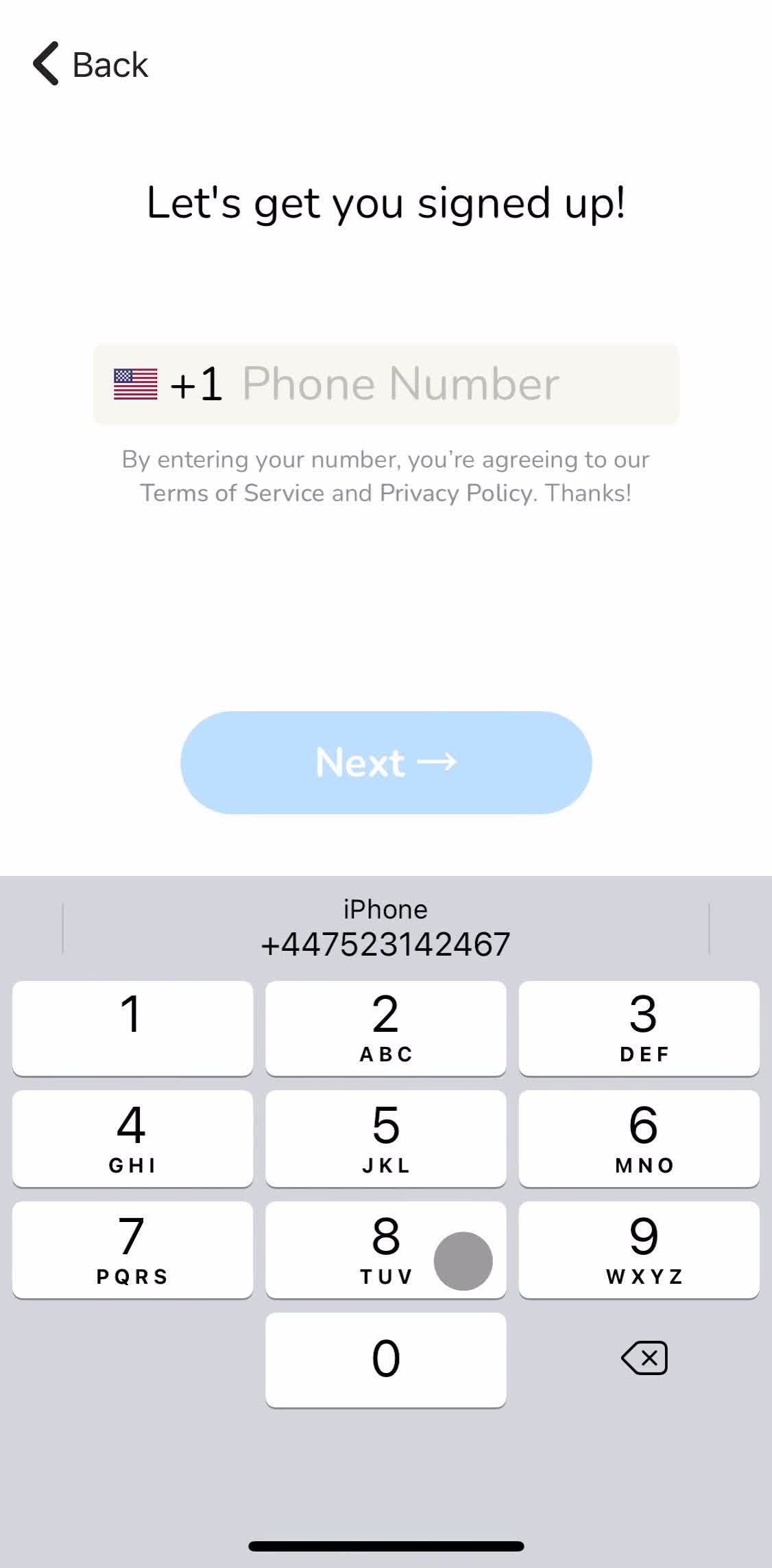 Clubhouses Enter phone number screen in the Onboarding flow