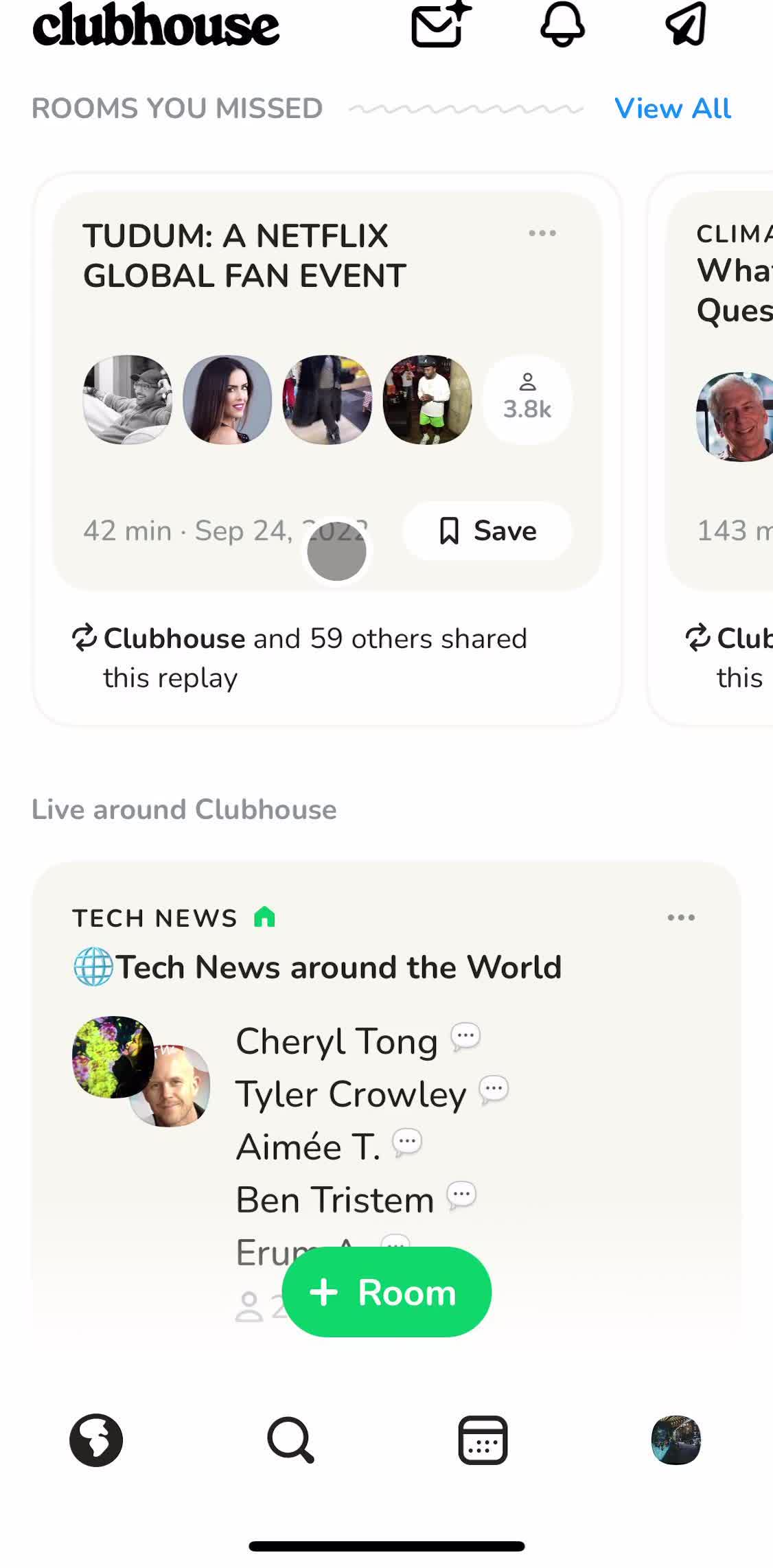 Clubhouses Home screen in the Searching flow