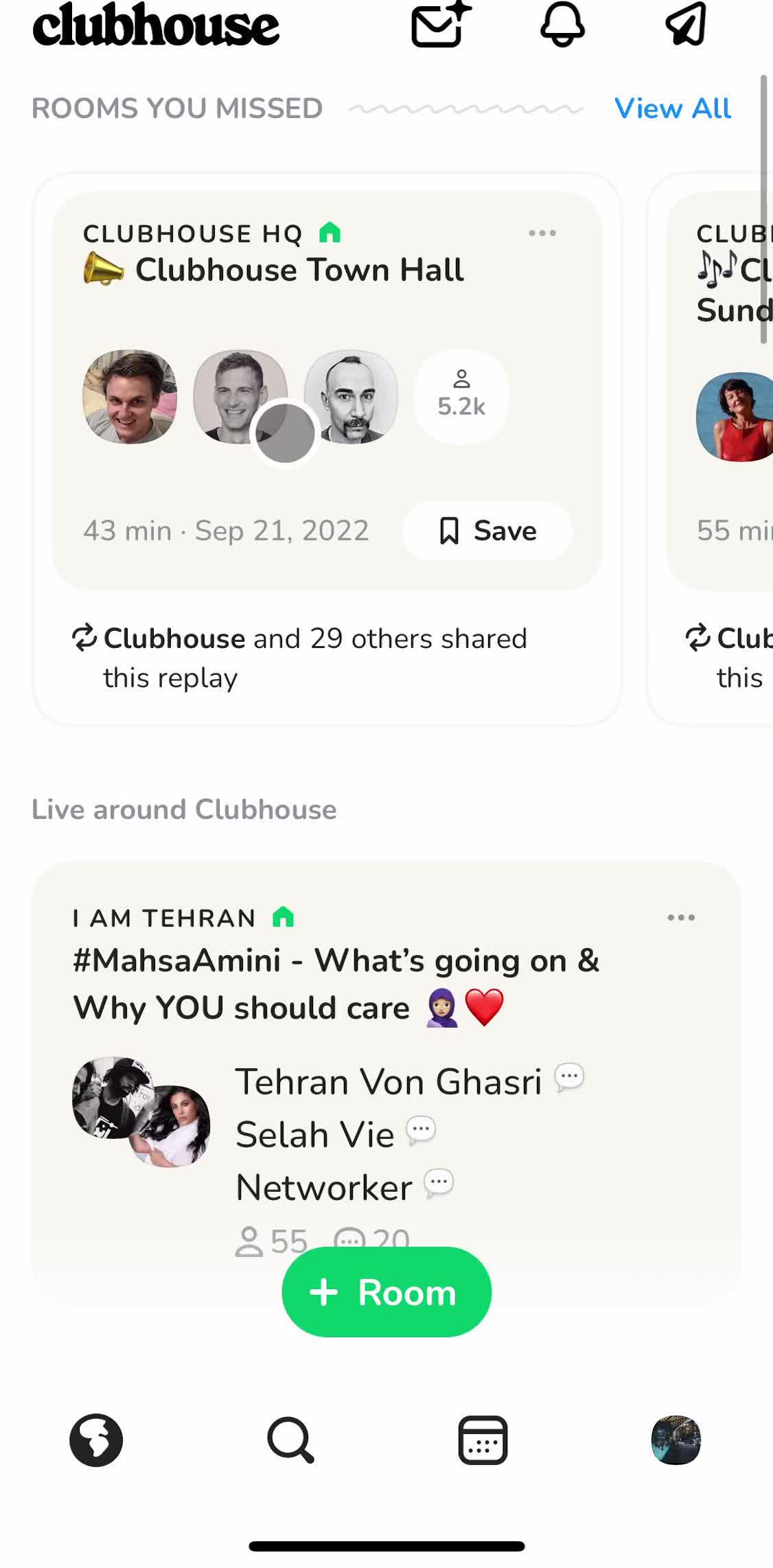 Clubhouses Home screen in the Starting A Room flow