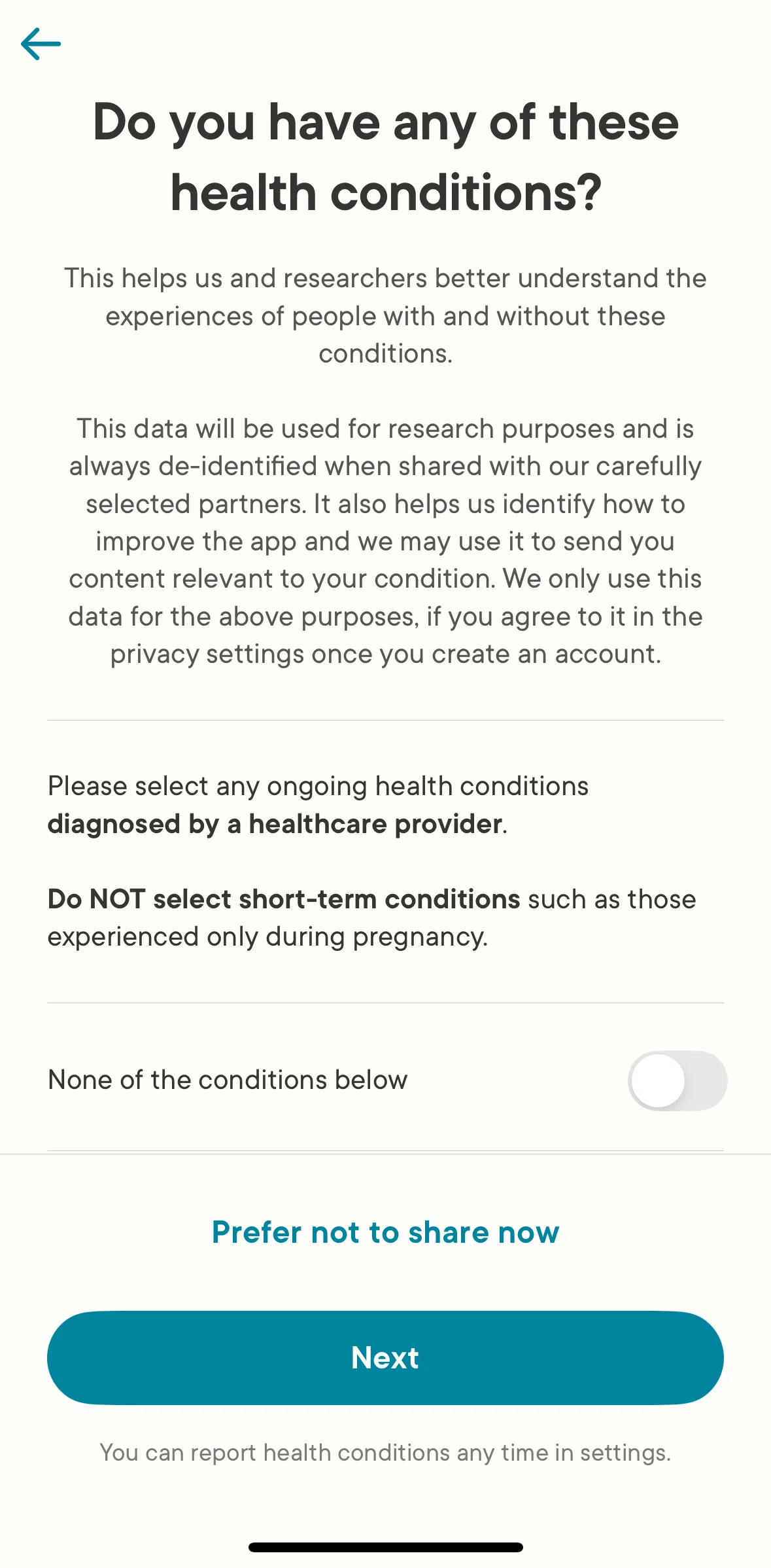 Clue Screen screen in the Adding a health condition flow