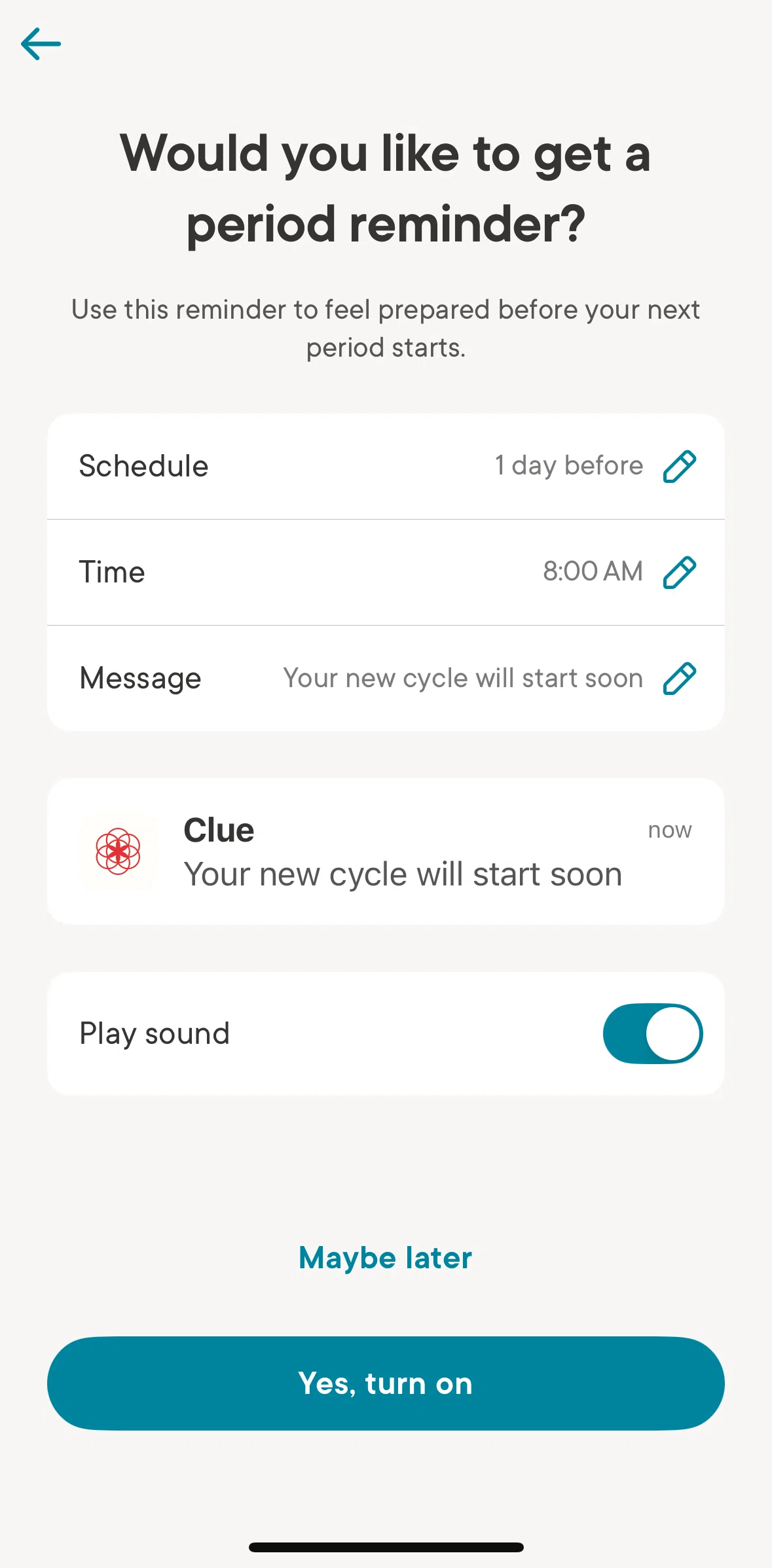 Clue Screen screen in the Scheduling a reminder flow