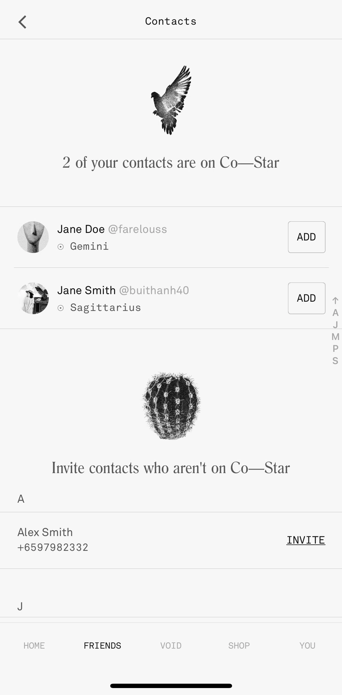 Co–Star Screen screen in the Adding a friend (contact) flow