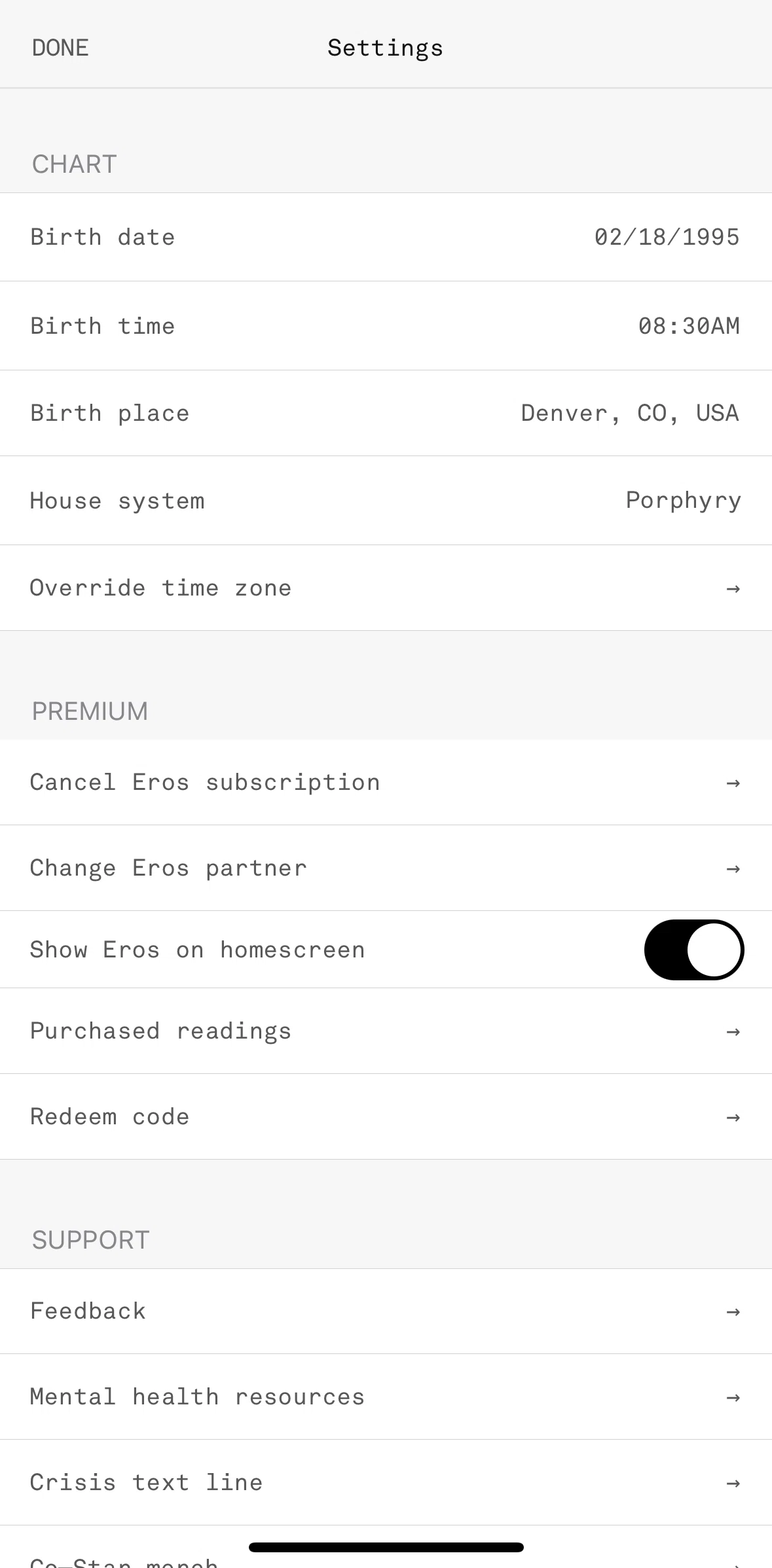 Co–Star Screen screen in the Canceling Eros subscription flow