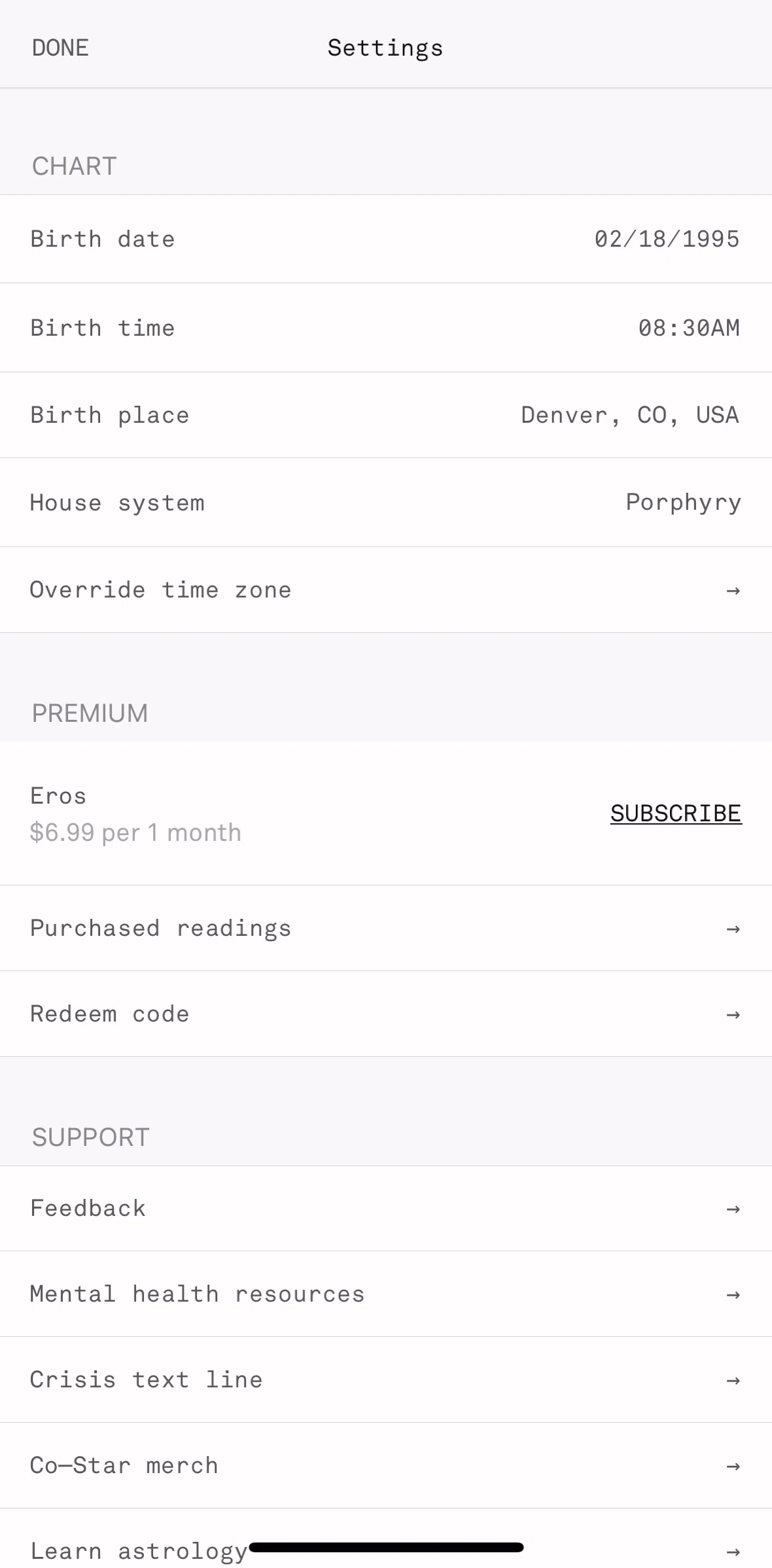 Co–Star Screen screen in the Changing time zone flow