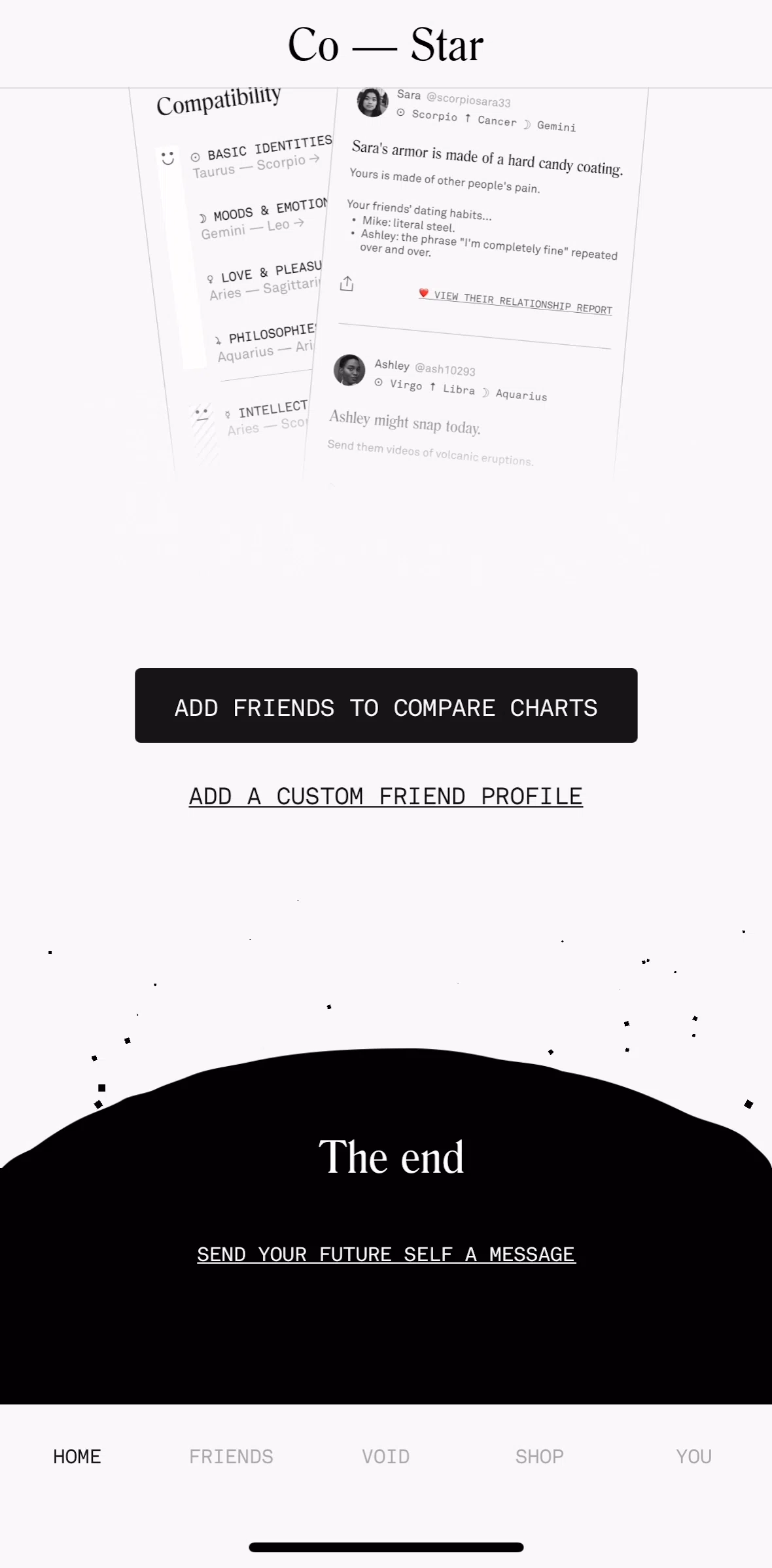 Co–Star Screen screen in the Sending a note to future self flow