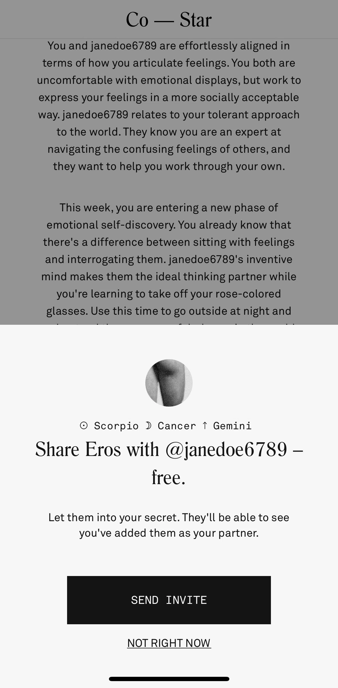 Co–Star Screen screen in the Sending an Eros invite flow