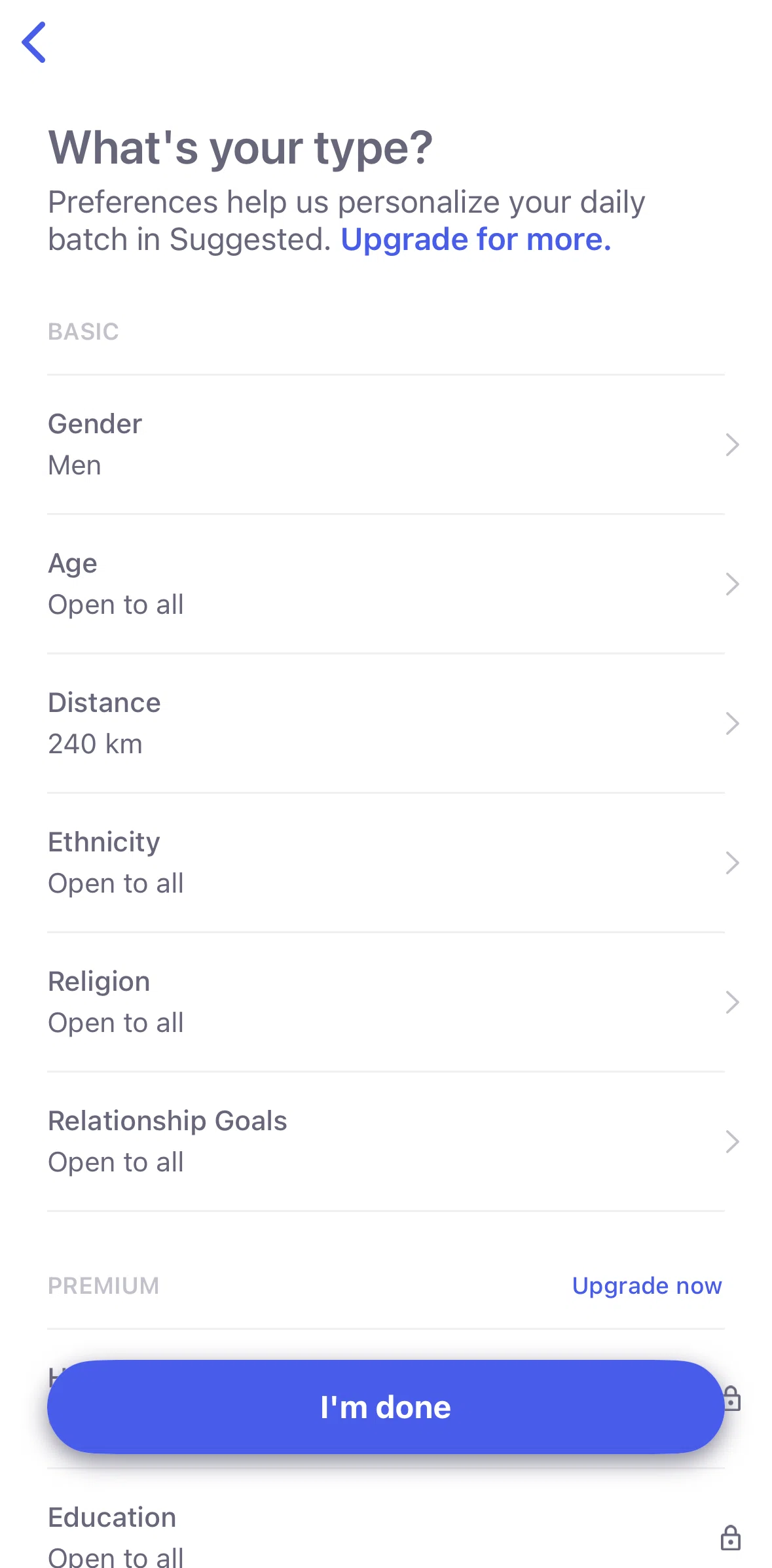 Coffee Meets Bagel Screen screen in the Changing a preference (onboarding) flow