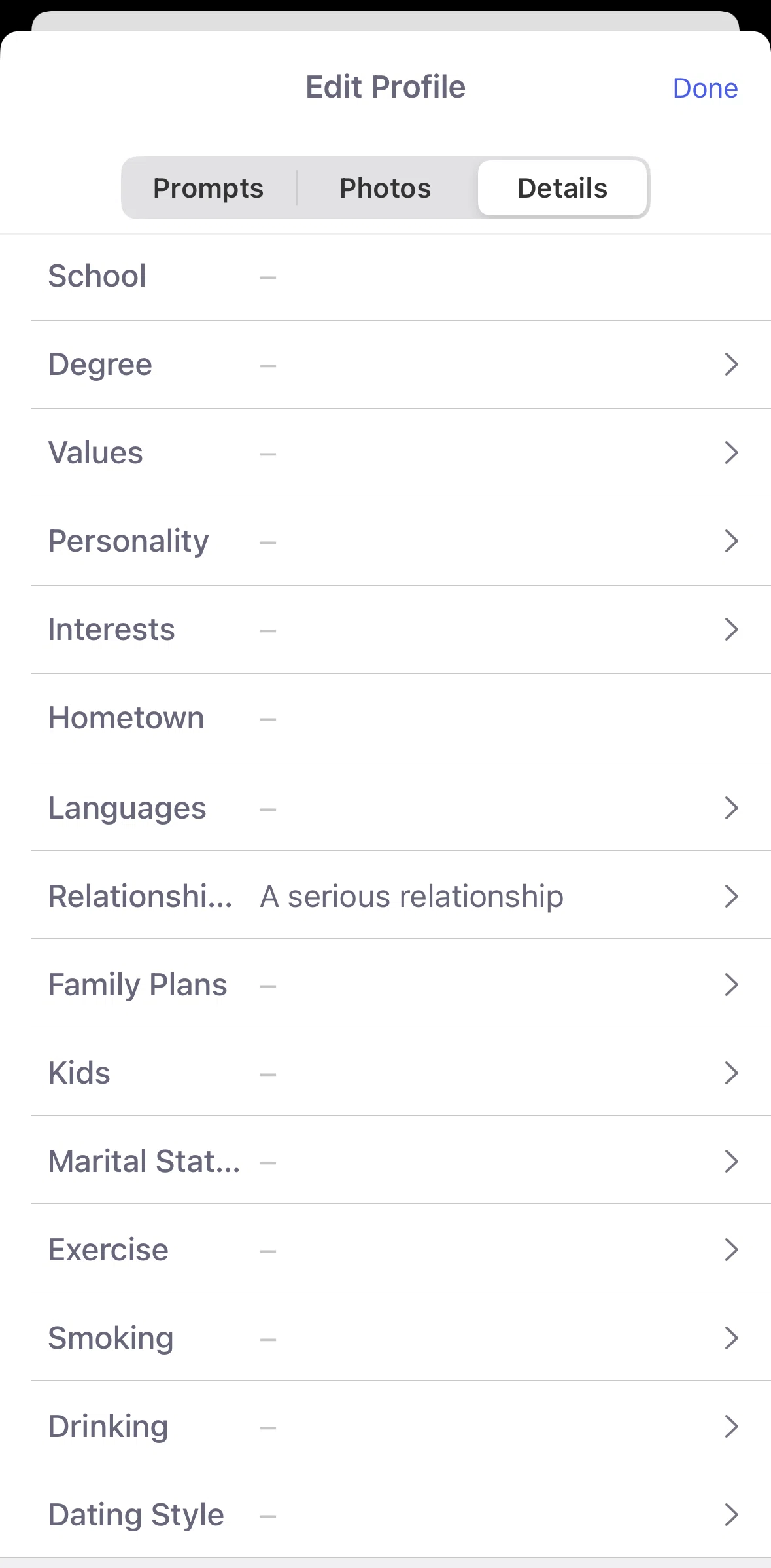 Coffee Meets Bagel Screen screen in the Choosing values flow