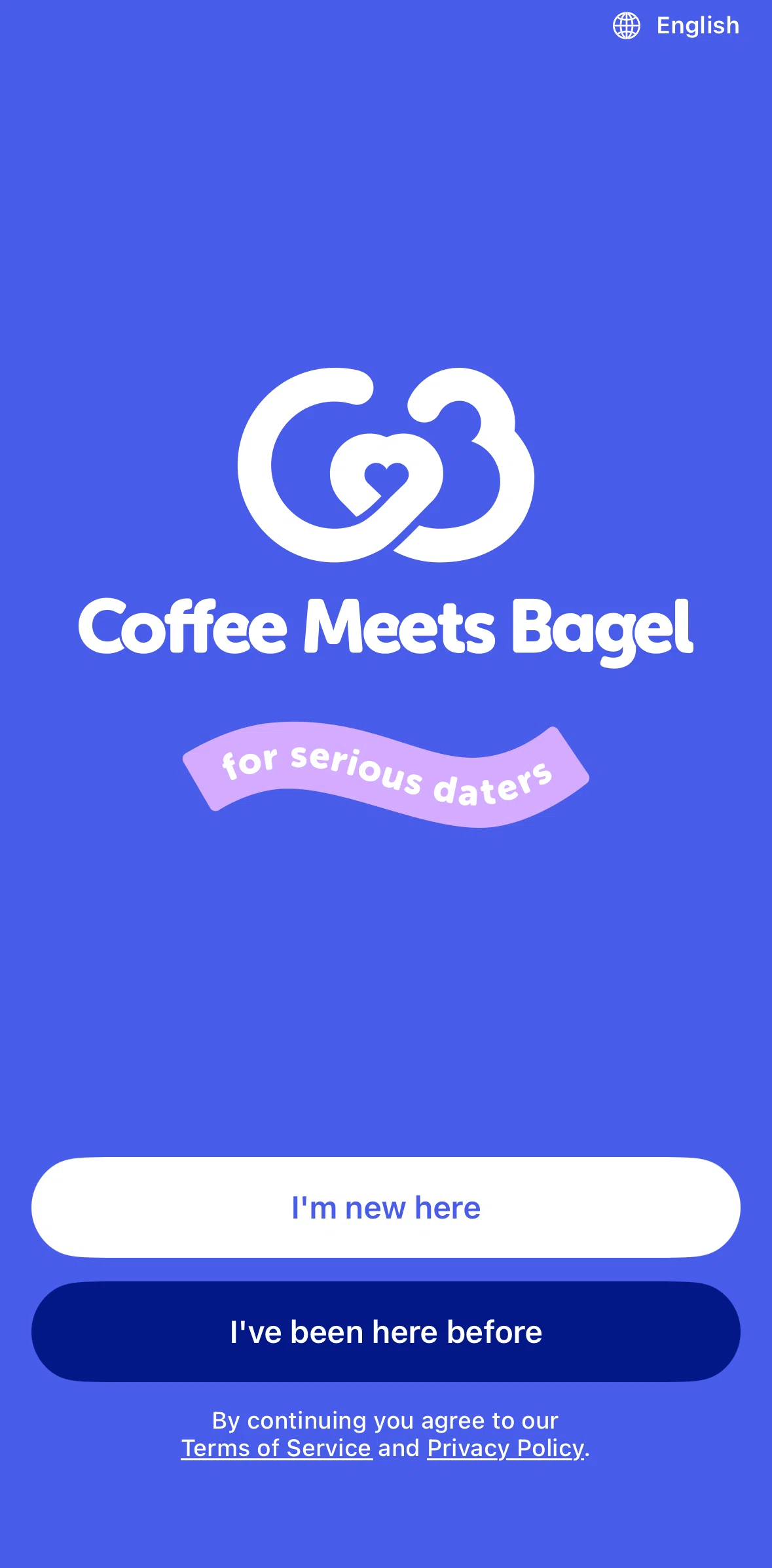 Coffee Meets Bagel Screen screen in the Logging in flow