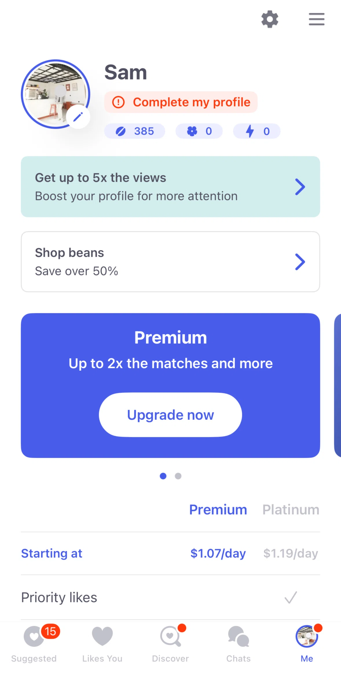 Coffee Meets Bagel Screen screen in the Settings flow