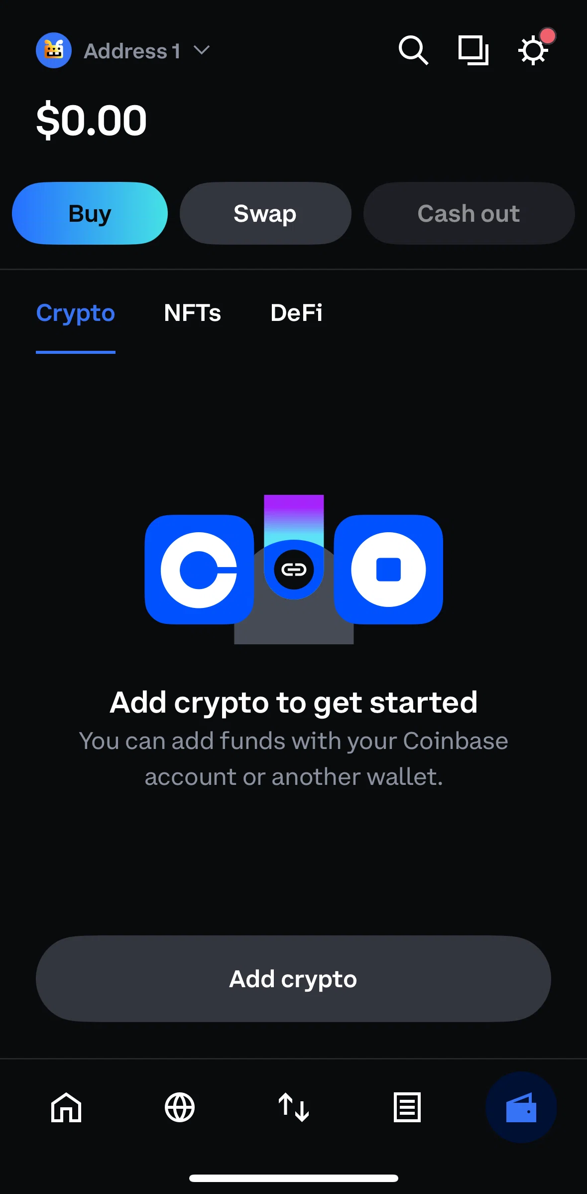 Coinbase Wallet Screen screen in the Add & manage wallets flow
