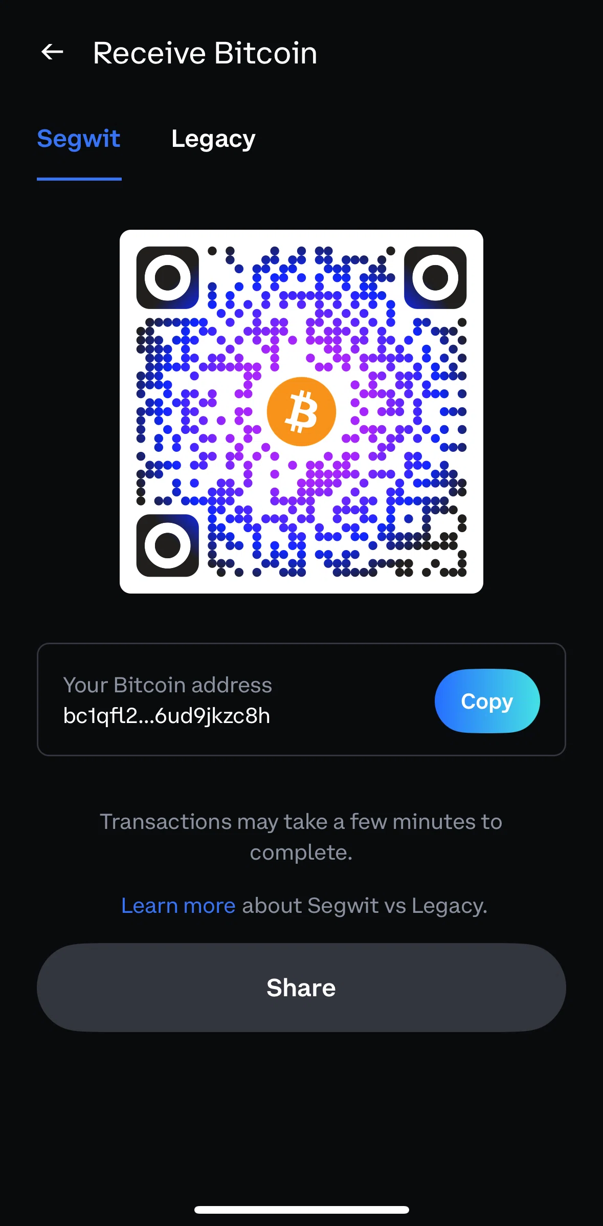 Coinbase Wallet Screen screen in the Copying Bitcoin address flow
