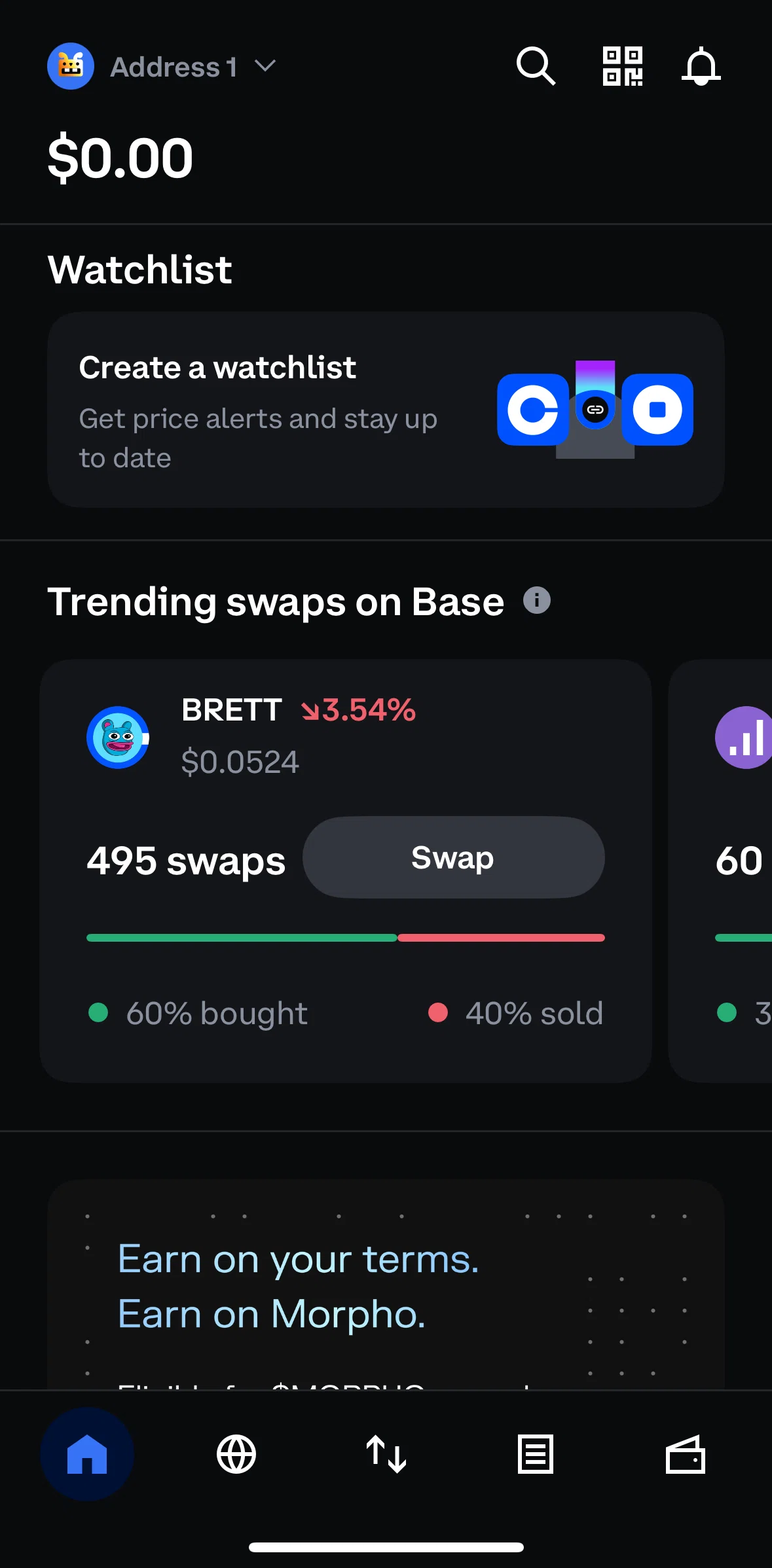 Coinbase Wallet Screen screen in the Creating a watchlist flow