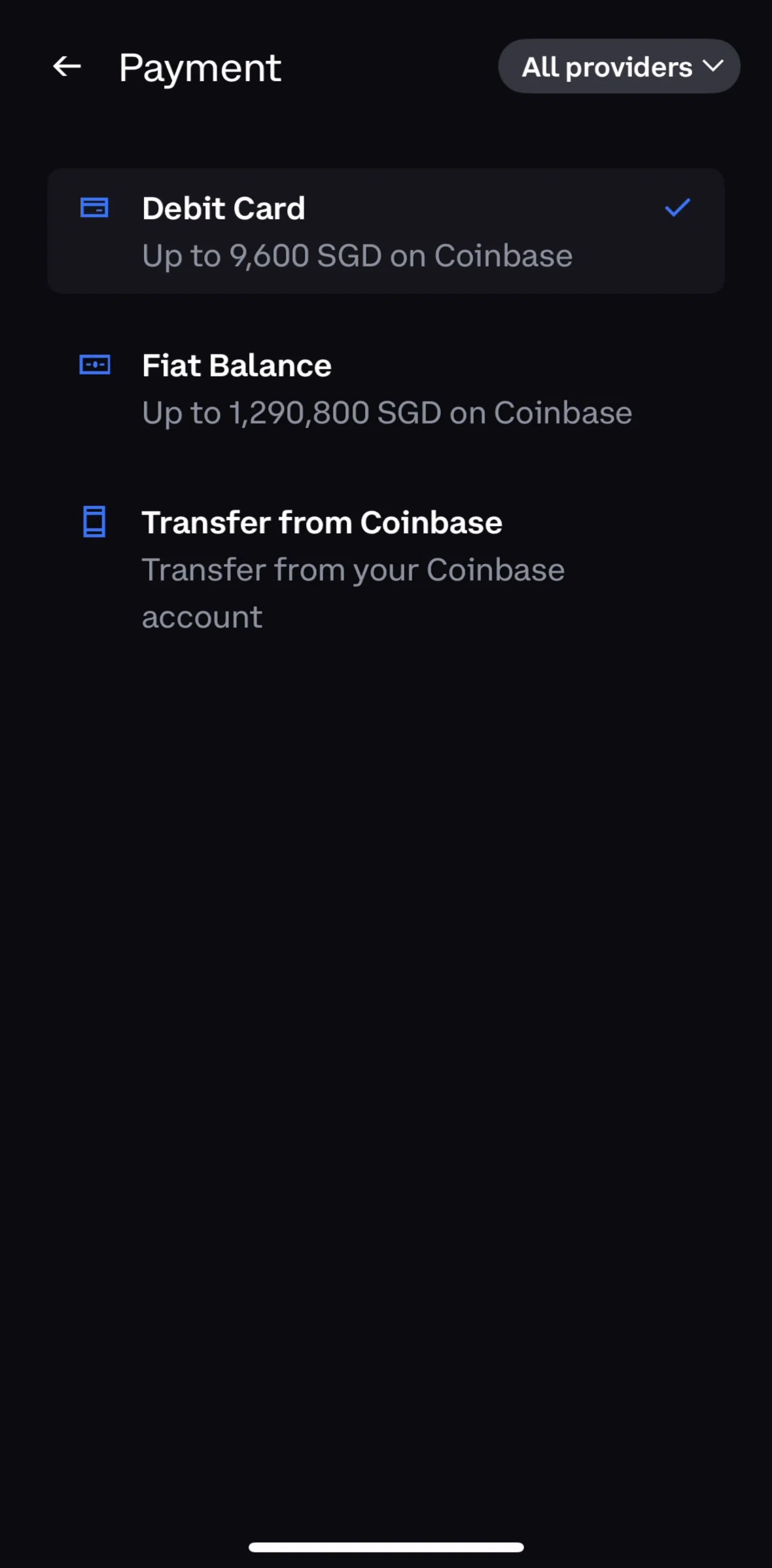 Coinbase Wallet Screen screen in the Filtering providers flow