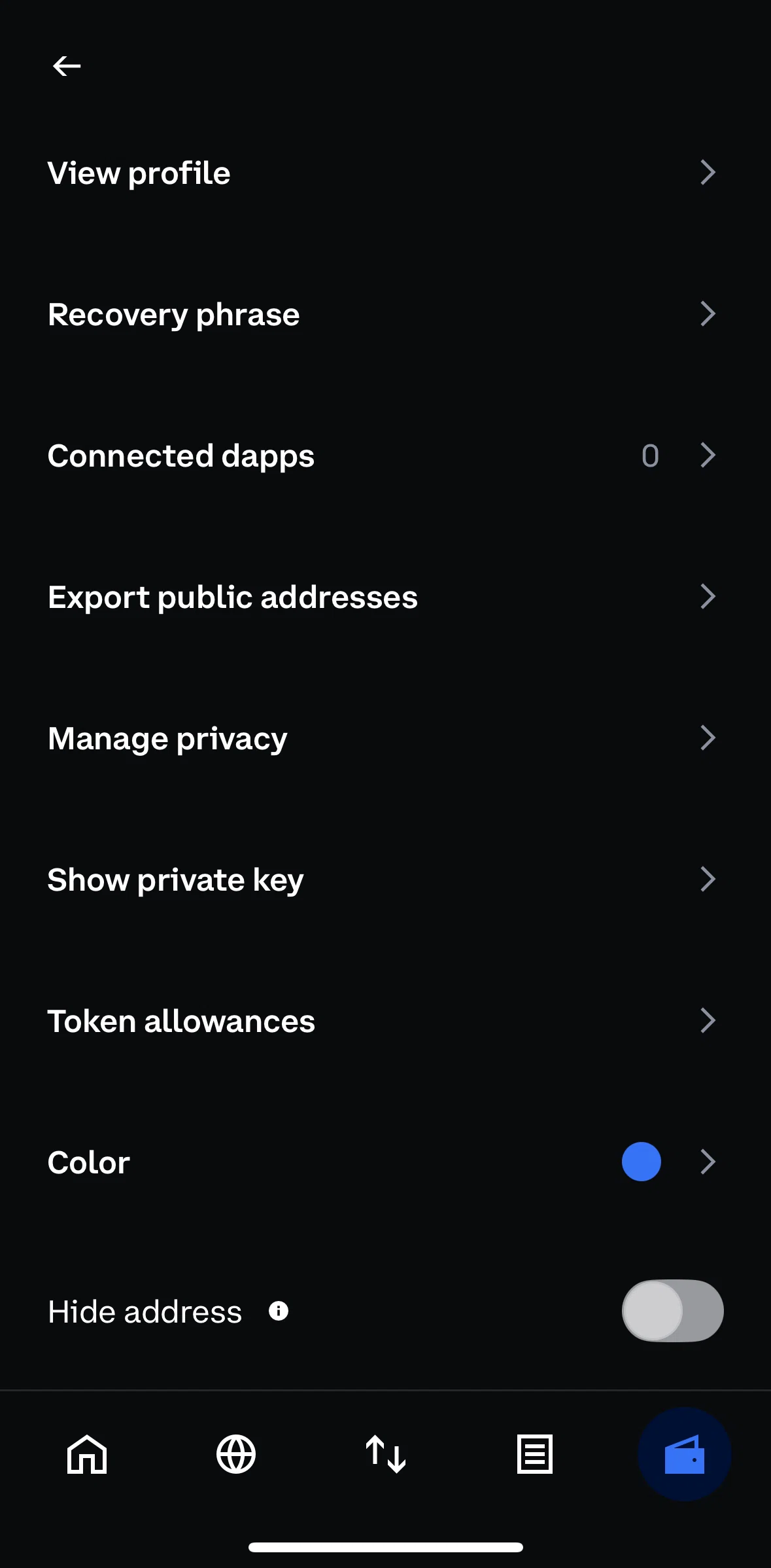 Coinbase Wallet Screen screen in the Hiding an address flow