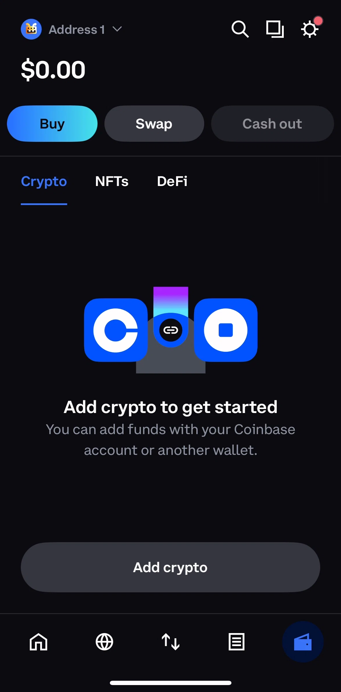 Coinbase Wallet Screen screen in the Home flow