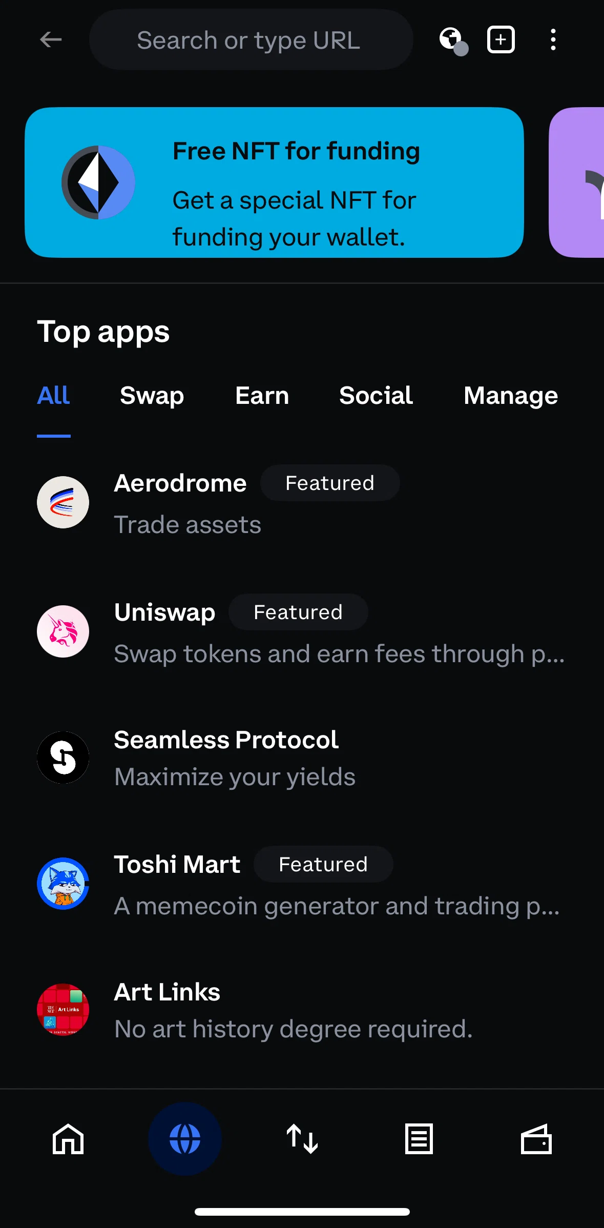 Coinbase Wallet Screen screen in the Searching with Coinbase Wallet browser flow