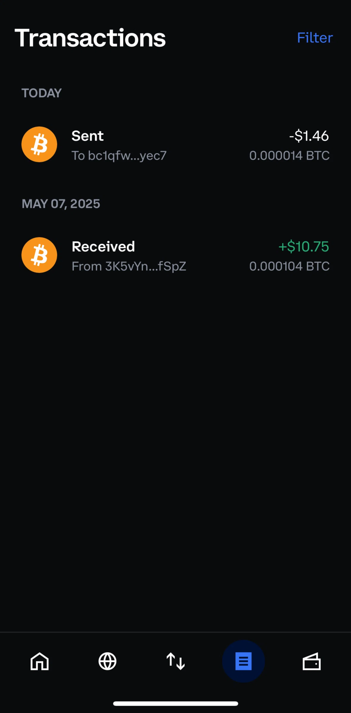 Coinbase Wallet Screen screen in the Sorting transactions flow