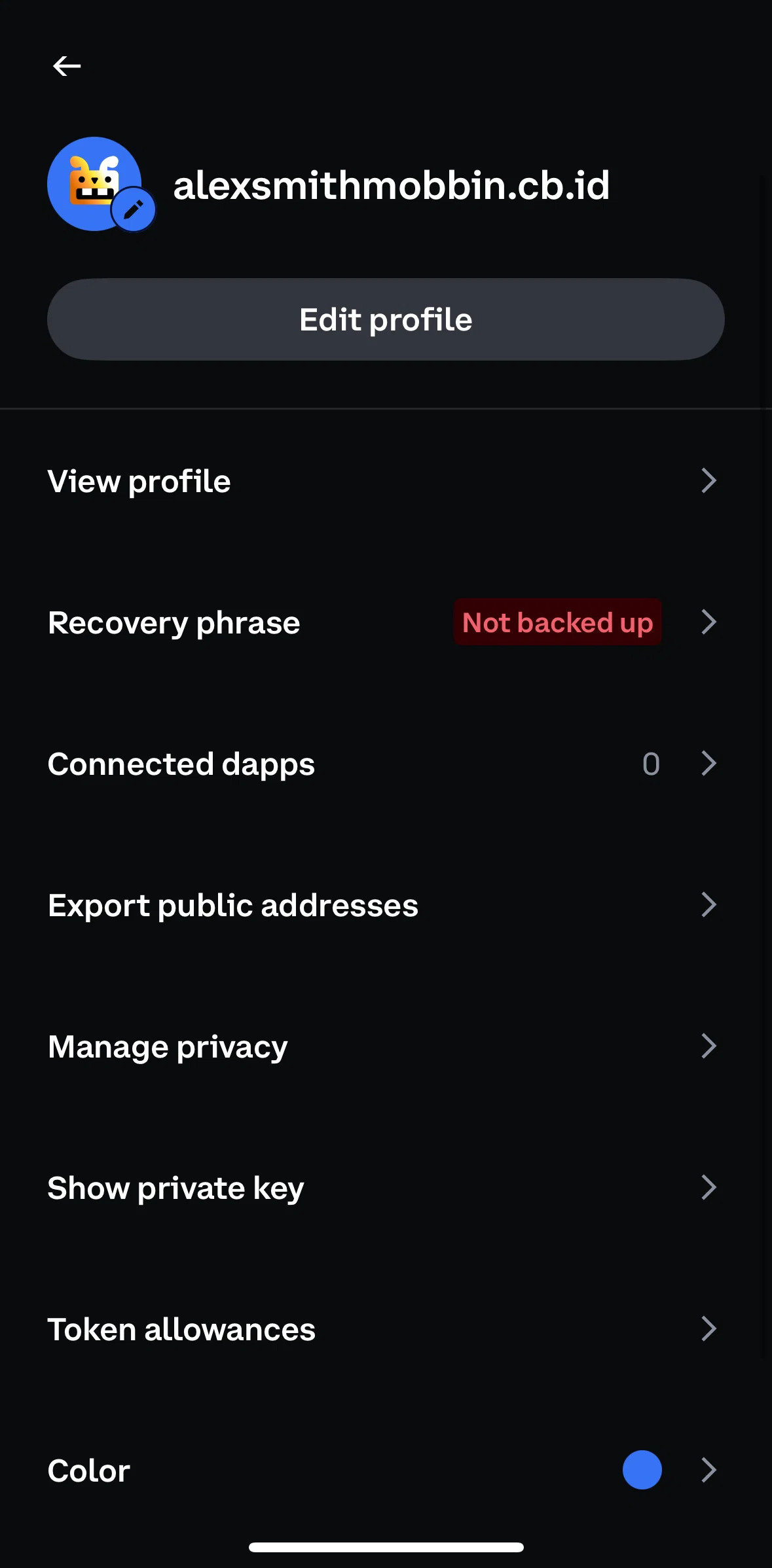 Coinbase Wallet Screen screen in the View recovery phrase flow