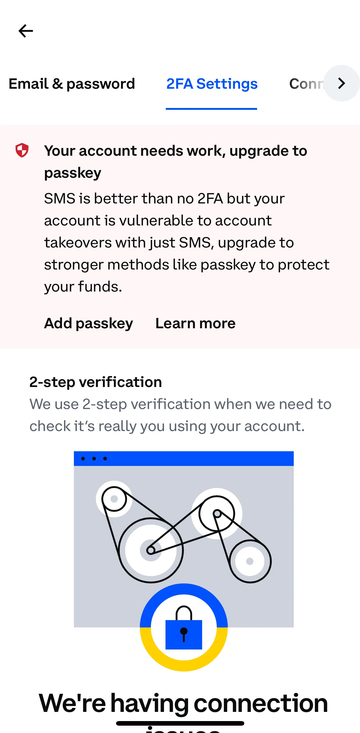 Coinbase Screen screen in the Account settings flow