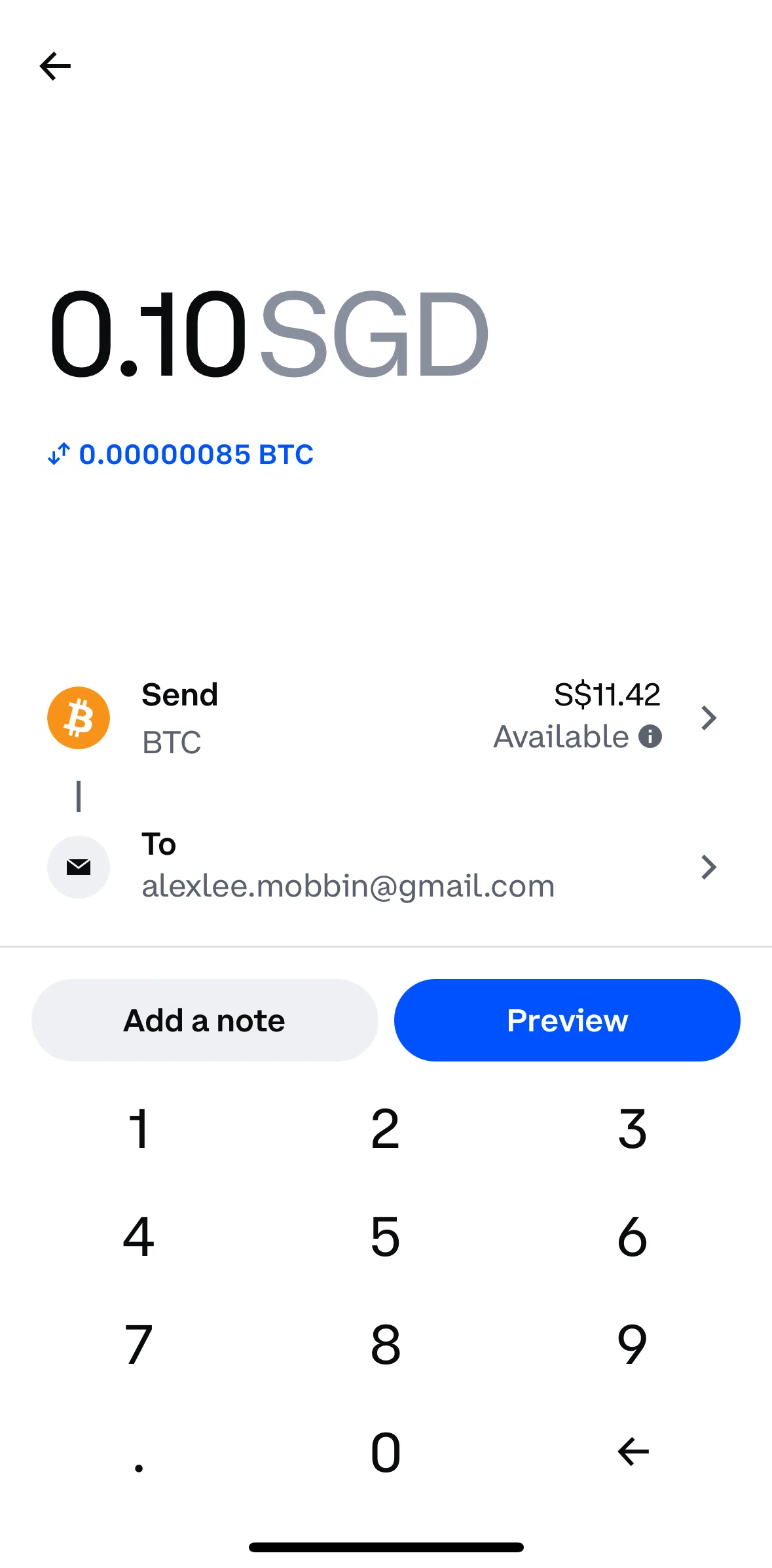 Coinbase Screen screen in the Adding a note flow