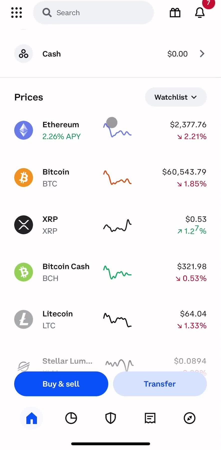 Coinbase Home screen in the Analytics Stats flow