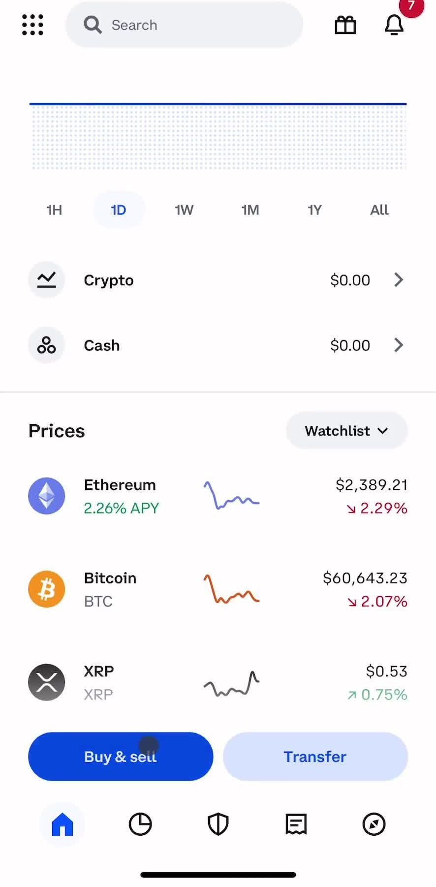 Coinbase Home screen in the Buying Crypto Currency flow