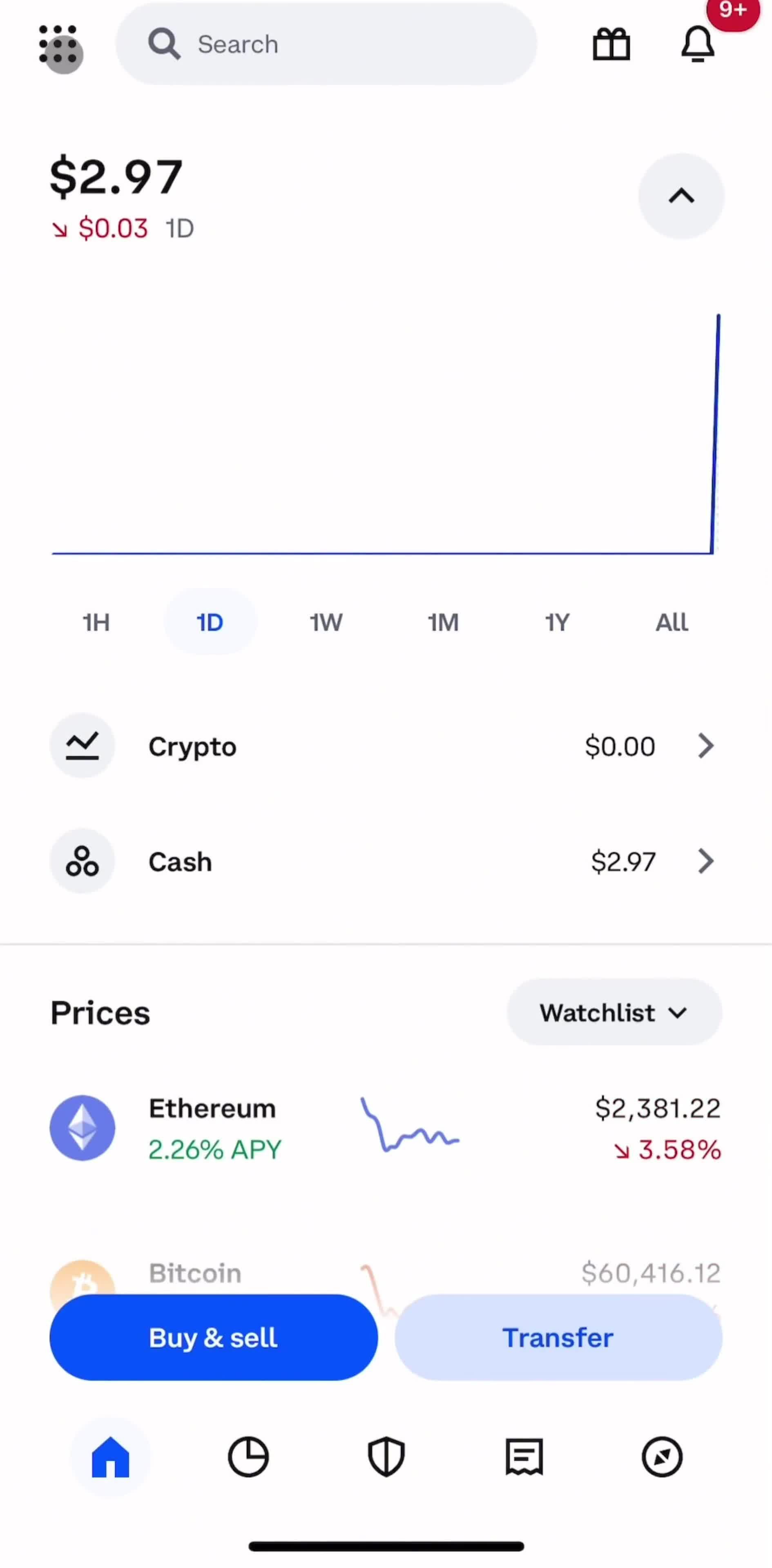 Coinbase Home screen in the Canceling Recurring Buys flow