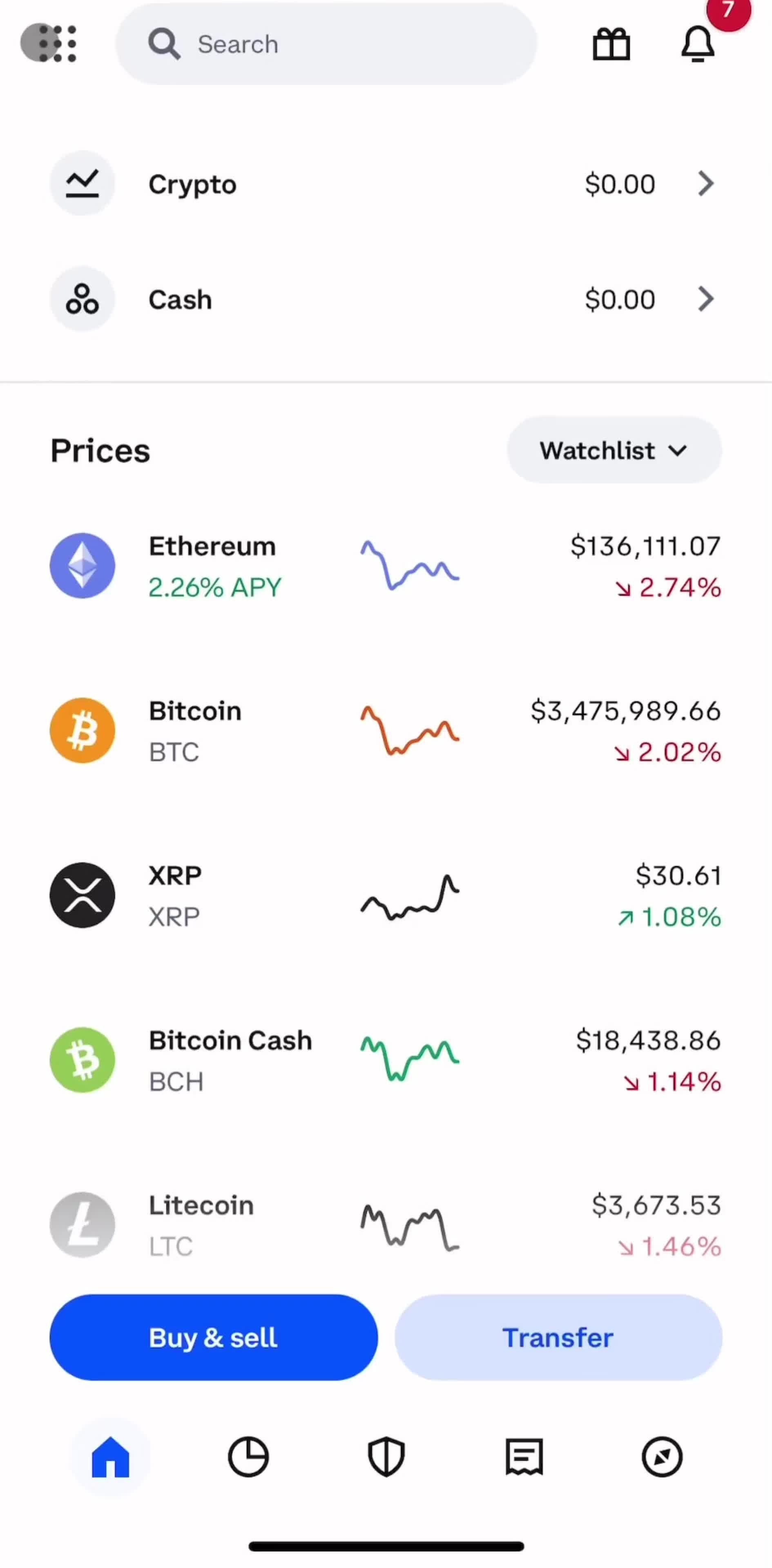Coinbase Home screen in the Changing Currency flow