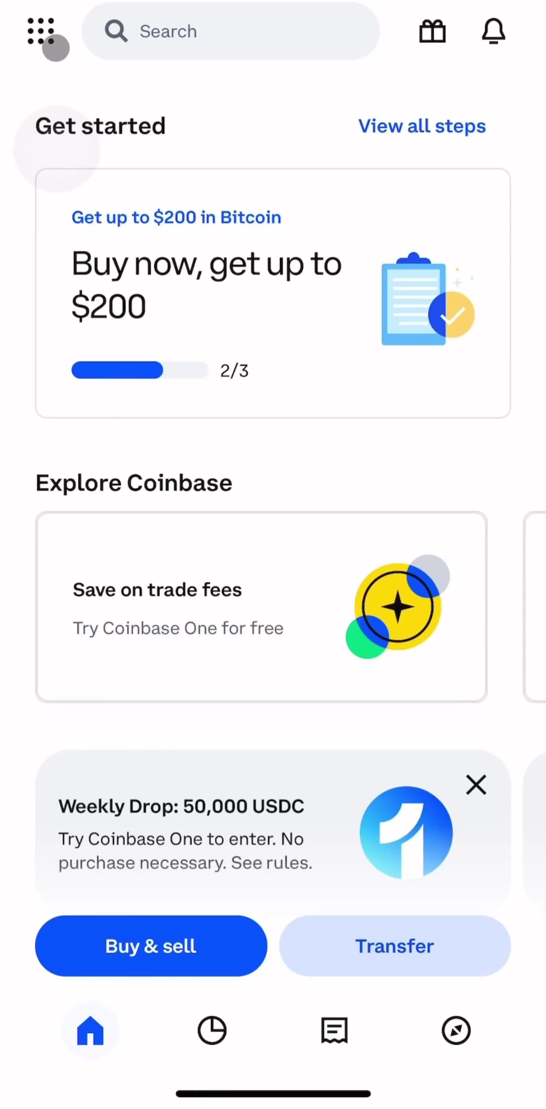 Coinbase Home screen in the Changing Password flow