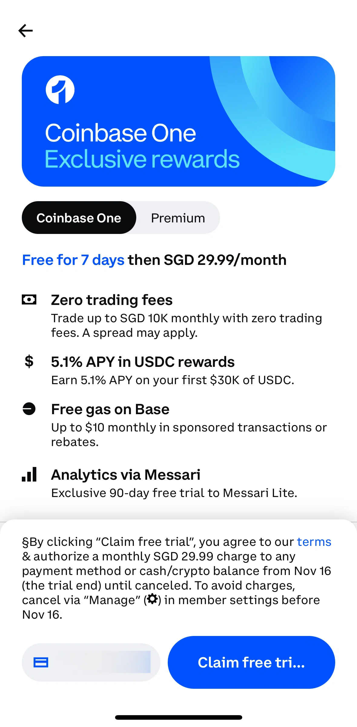 Coinbase Screen screen in the Claiming a free trial flow