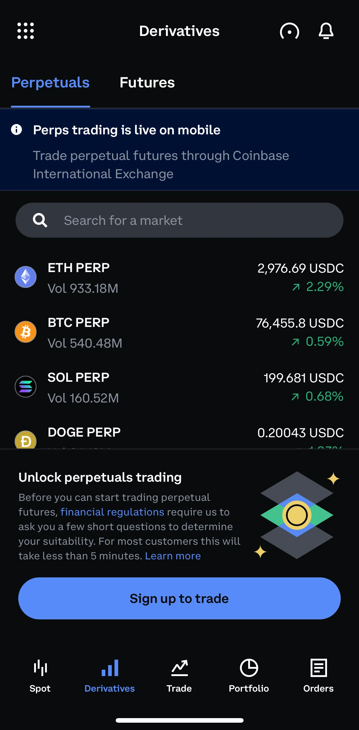 Coinbase Screen screen in the Derivatives flow