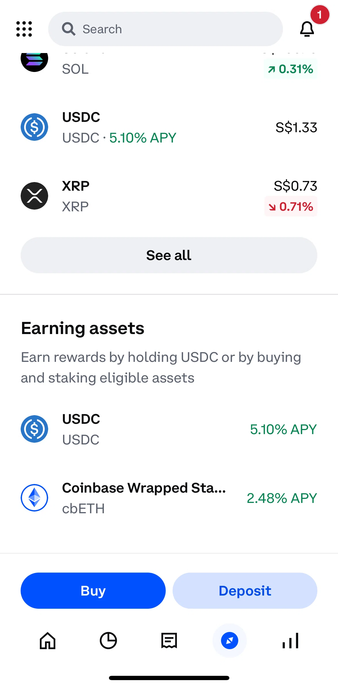 Coinbase Screen screen in the Earning assets flow