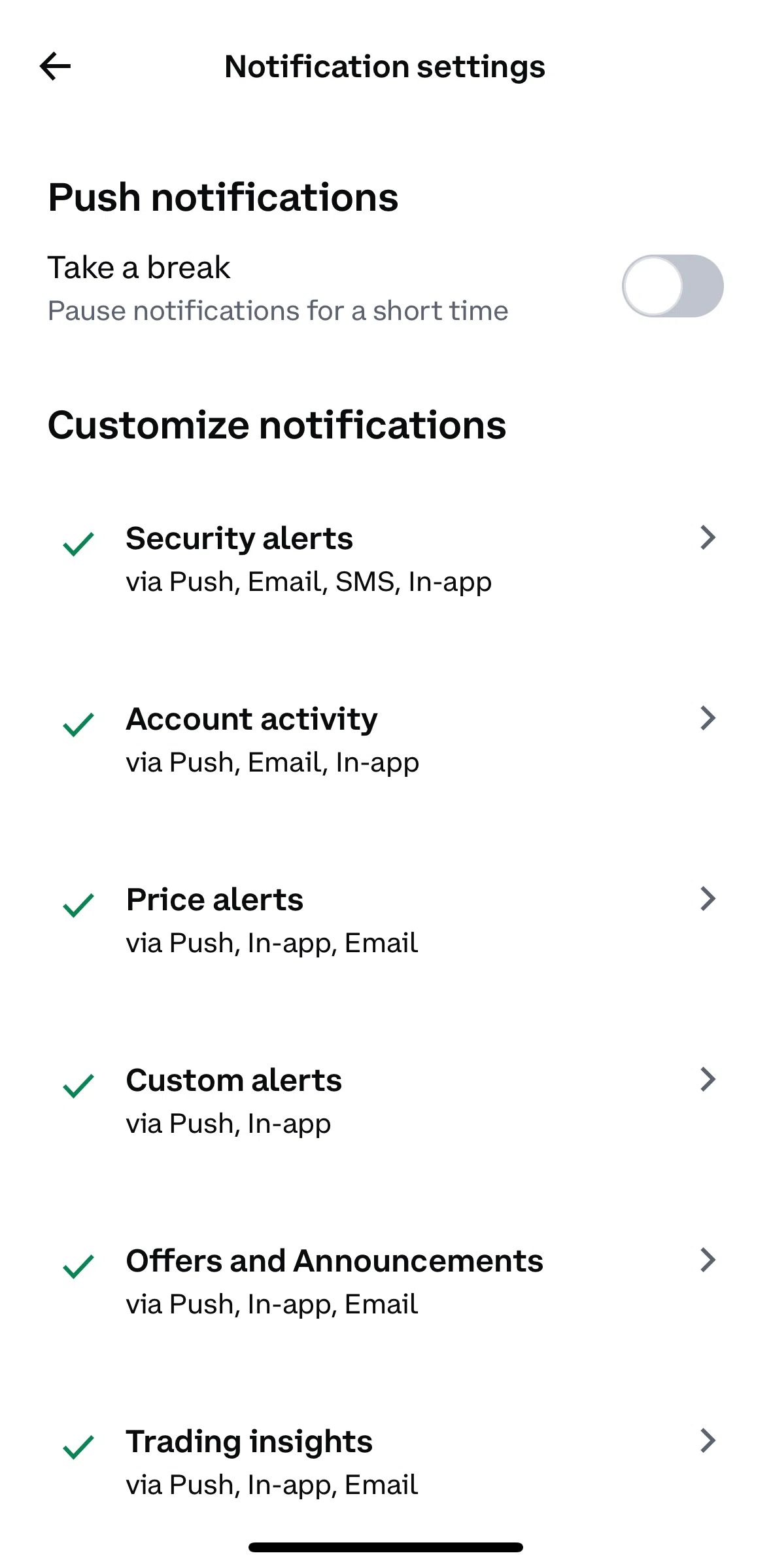 Coinbase Screen screen in the Editing notification settings flow
