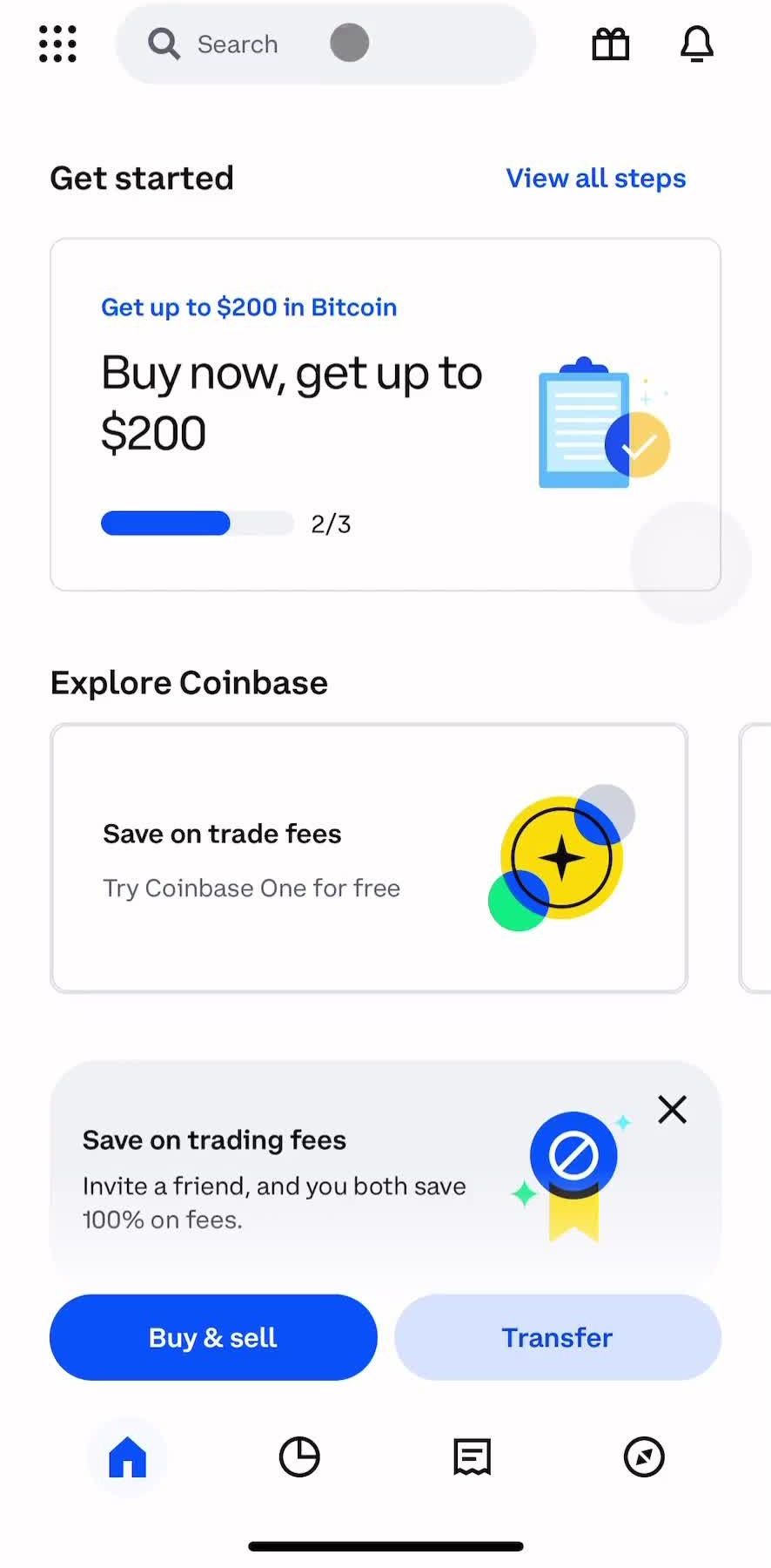 Coinbase Home screen in the Exploring Crypto flow