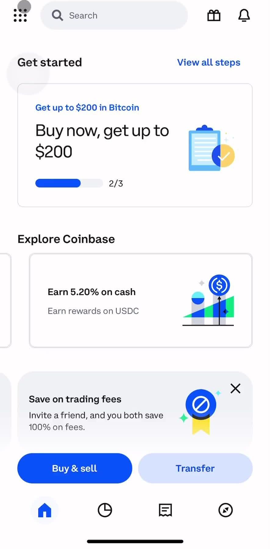 Coinbase Home screen in the Help Center flow