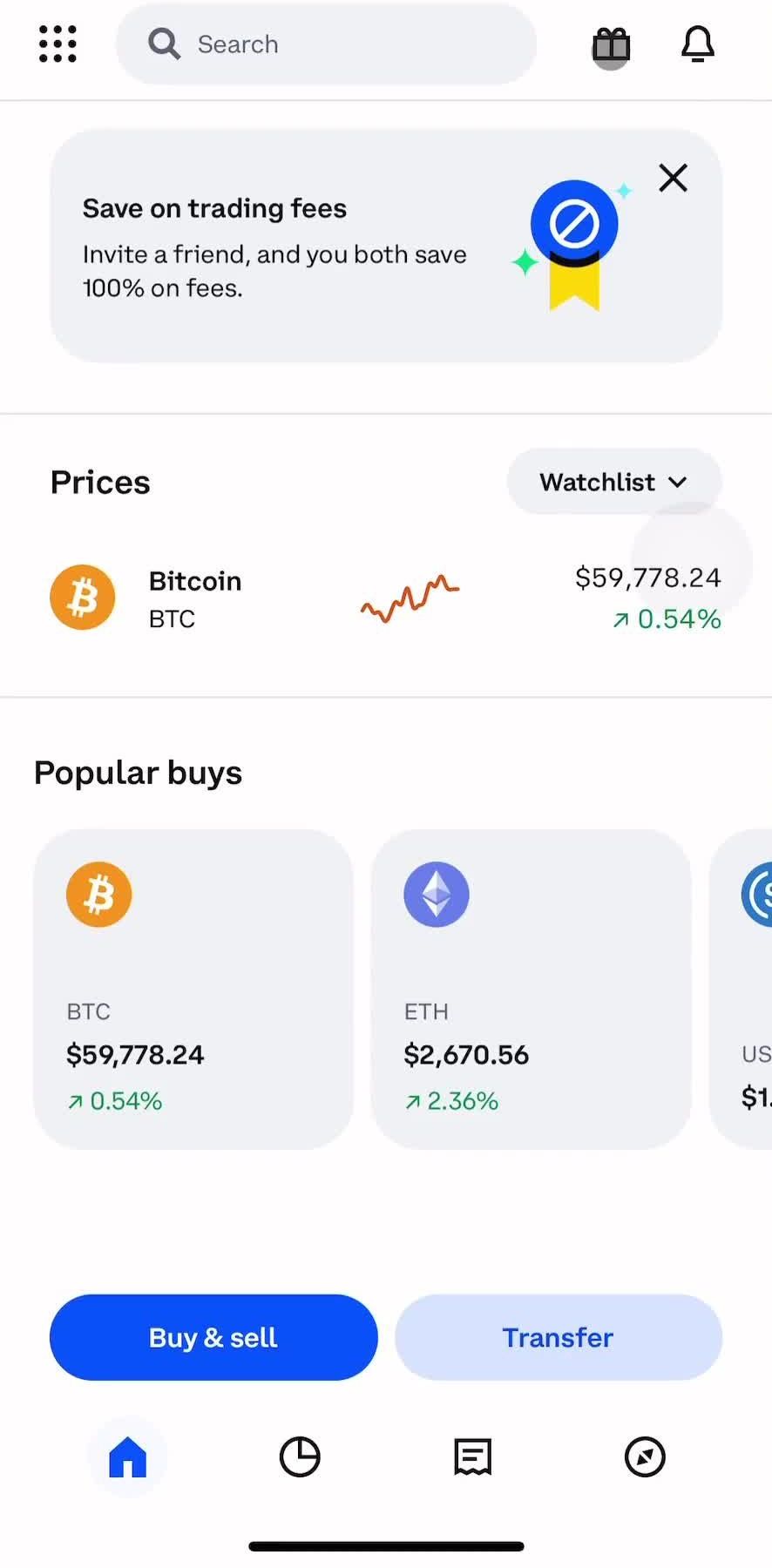 Coinbase Home screen in the Inviting People flow