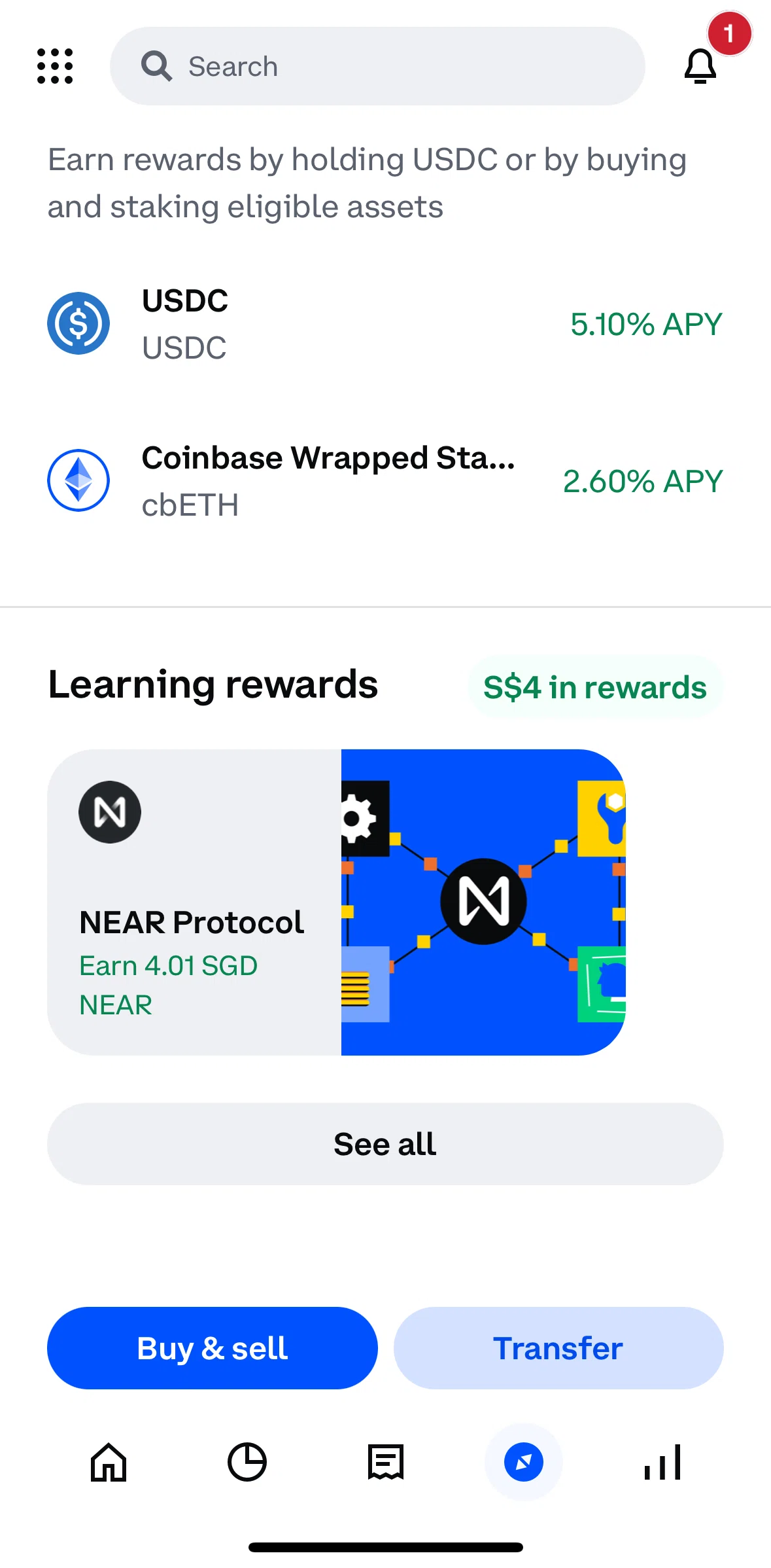 Coinbase Screen screen in the Learning rewards flow