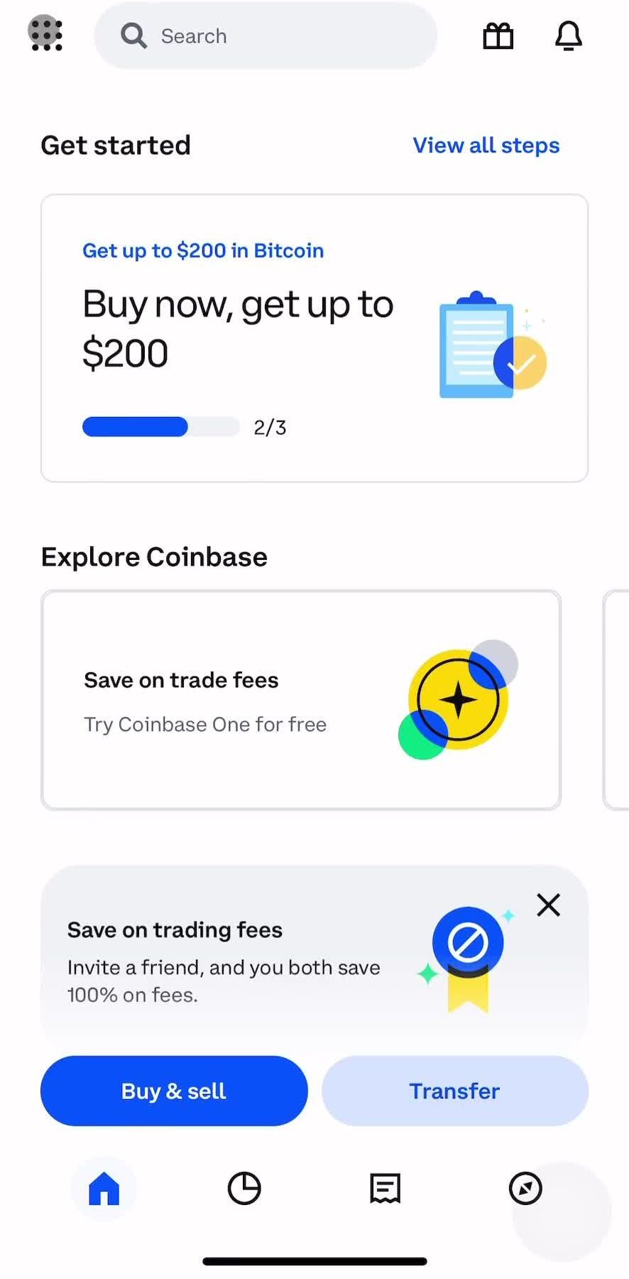 Coinbase Home screen in the Limits flow