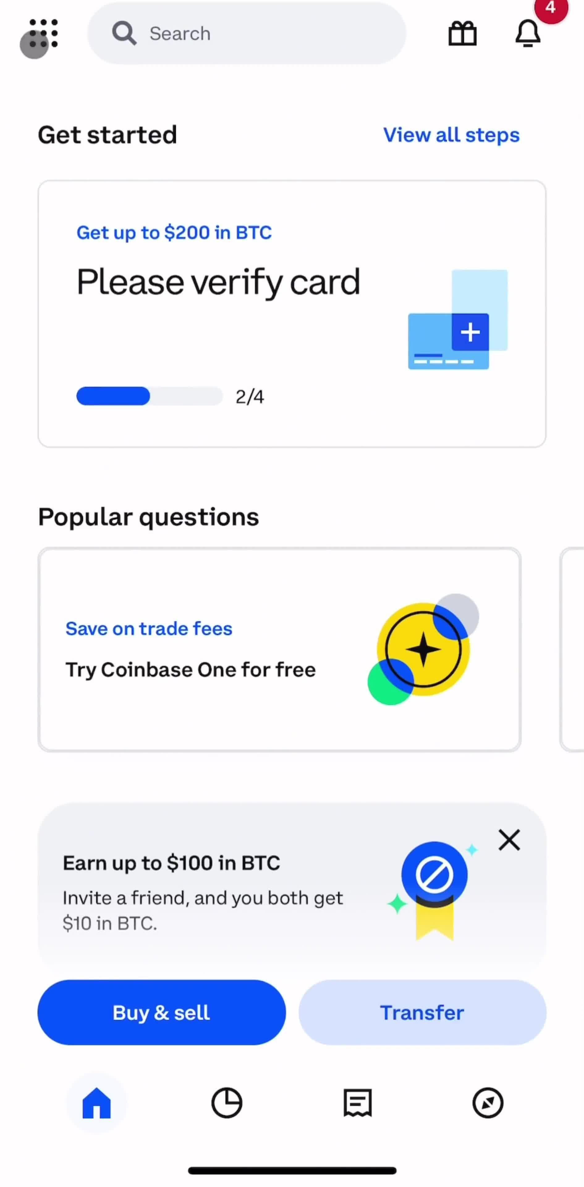 Coinbase Home screen in the Locking My Account flow