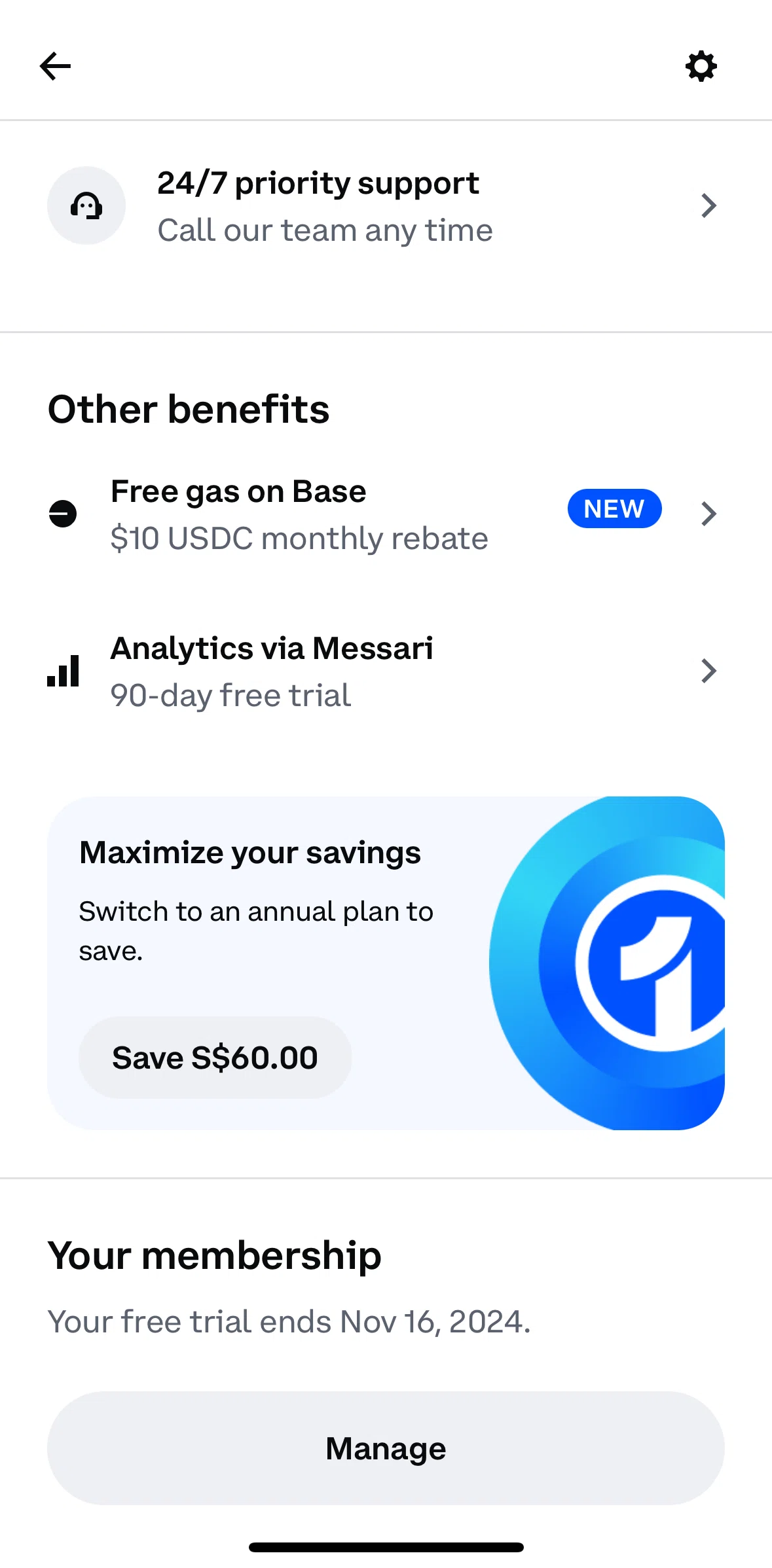 Coinbase Screen screen in the Manage membership flow