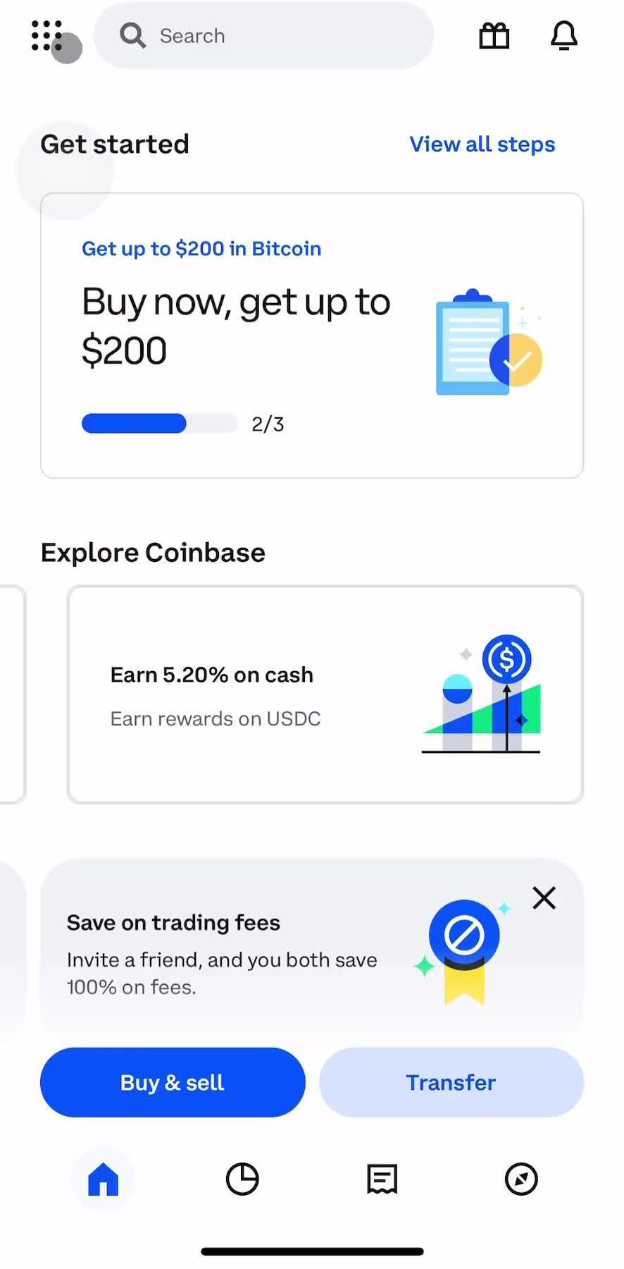 Coinbase Home screen in the Privacy Settings flow