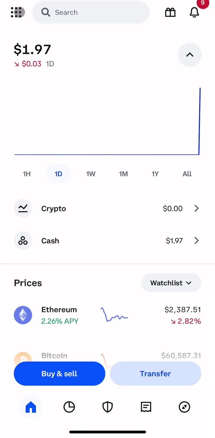 Coinbase Home screen in the Rewards flow