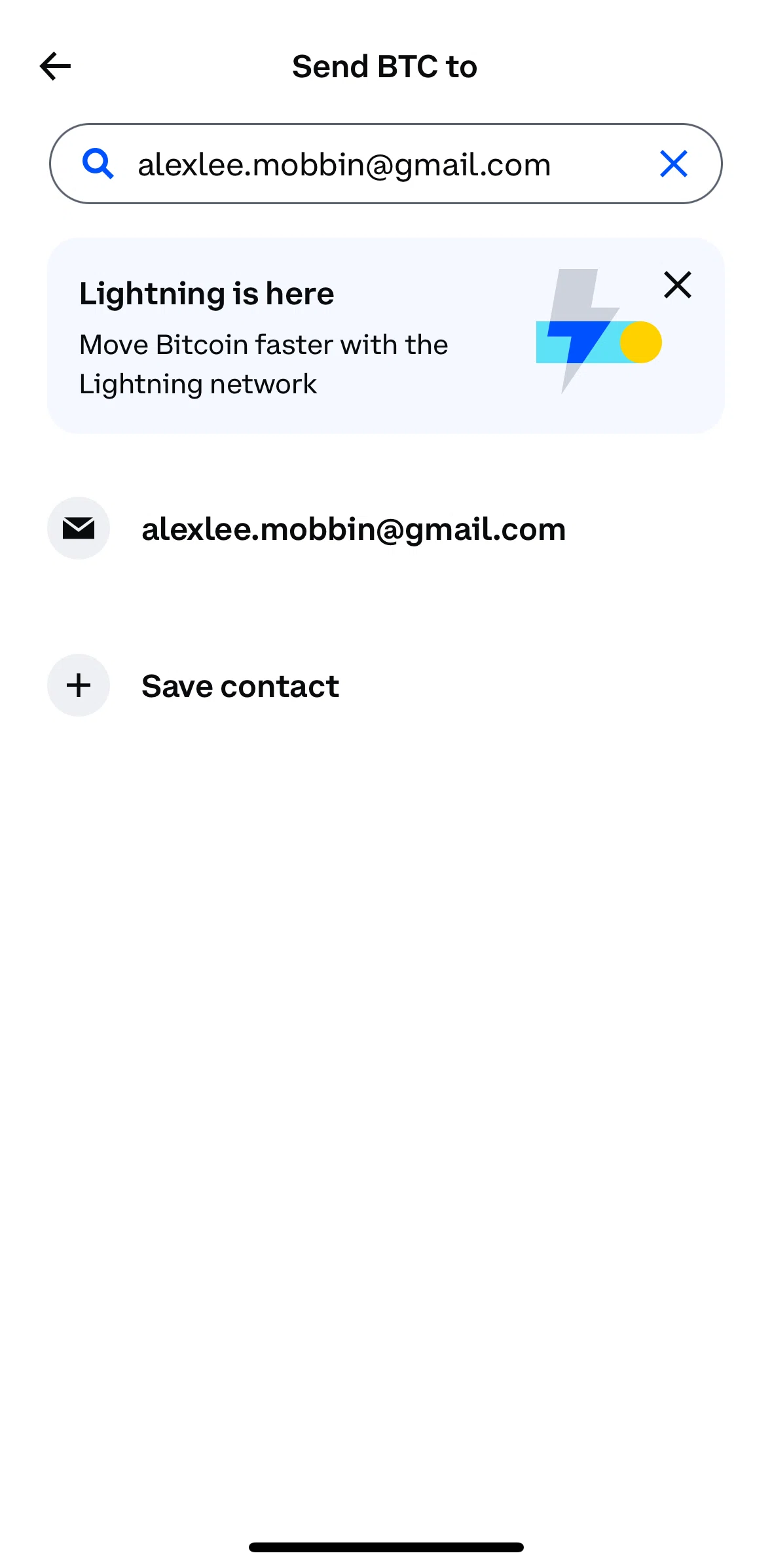 Coinbase Screen screen in the Saving a contact flow