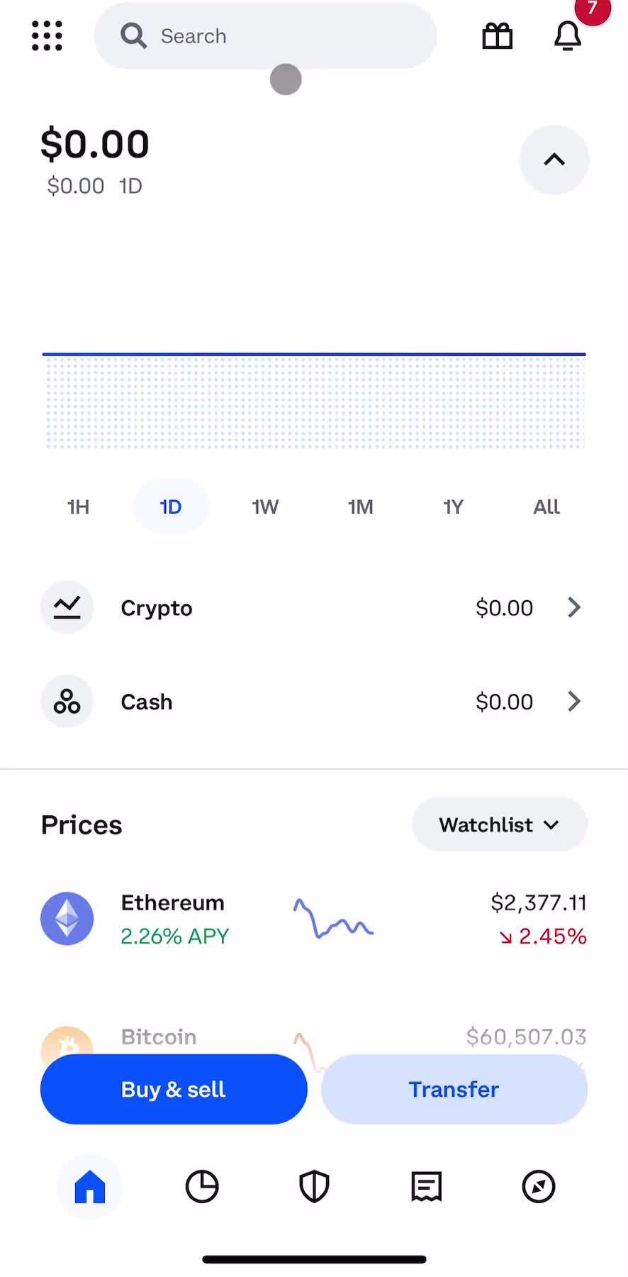 Coinbase Home screen in the Searching flow